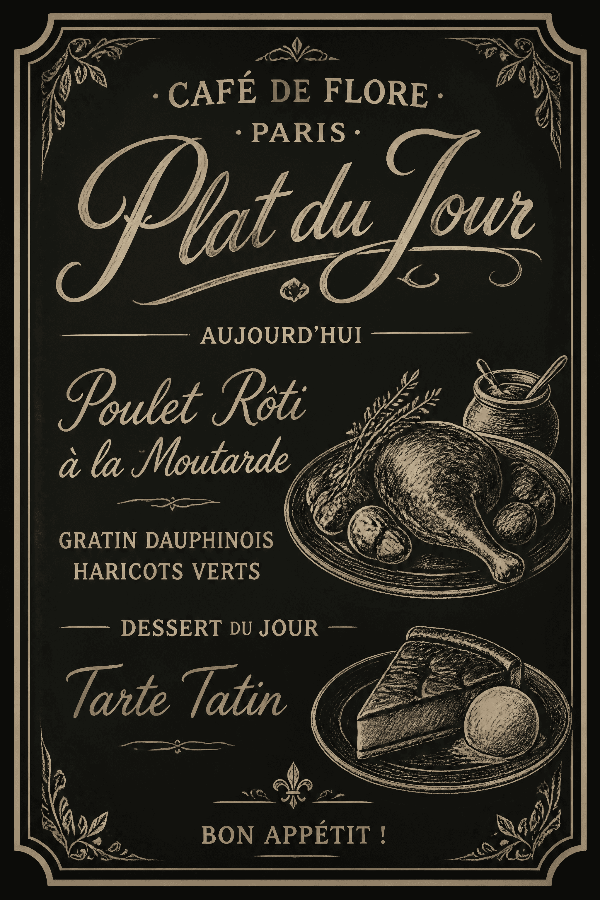 Affiche Plat du Jour — ardoise bistrot calligraphie et illustrations