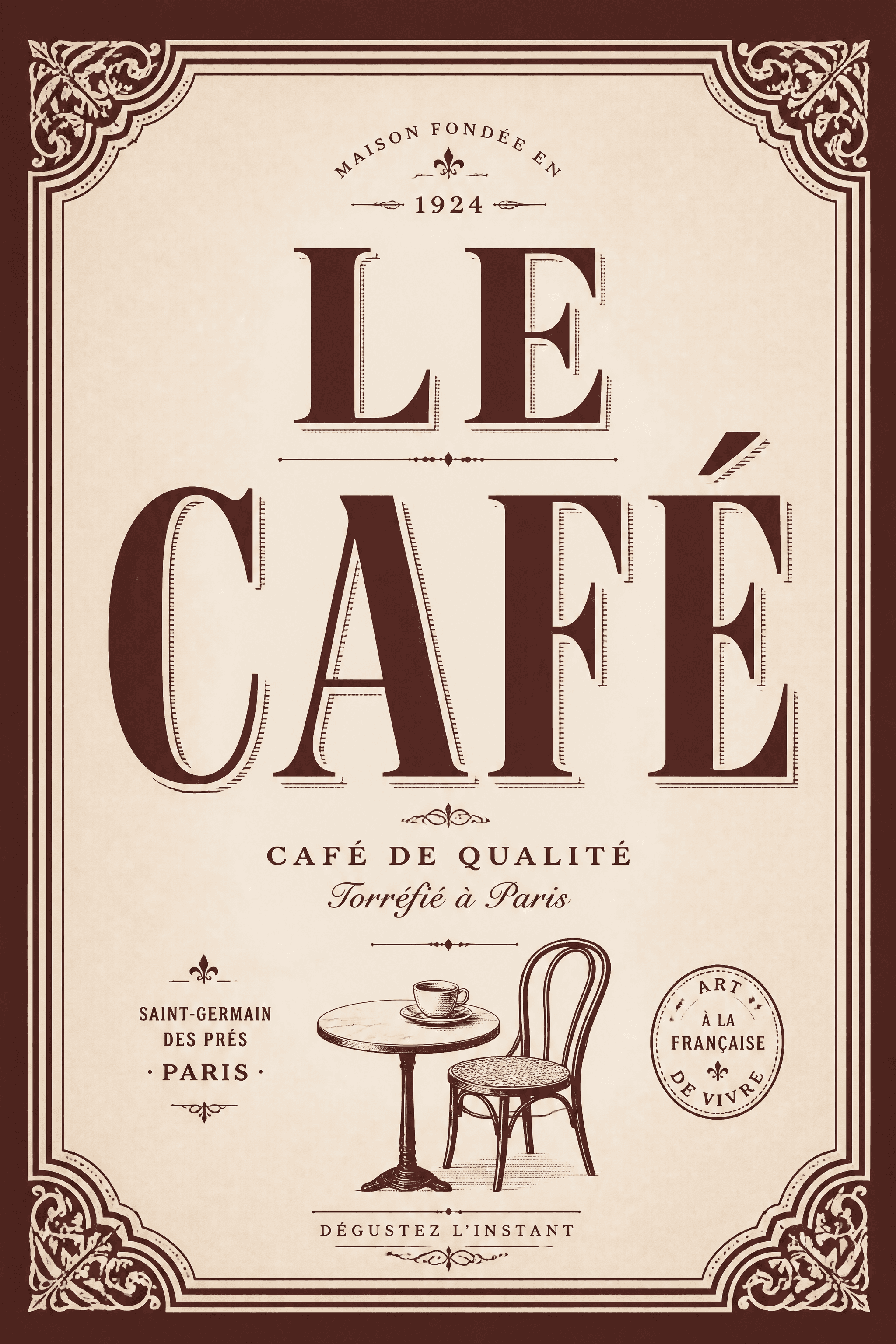 Affiche LE CAFÉ — typographie letterpress bordeaux et crème