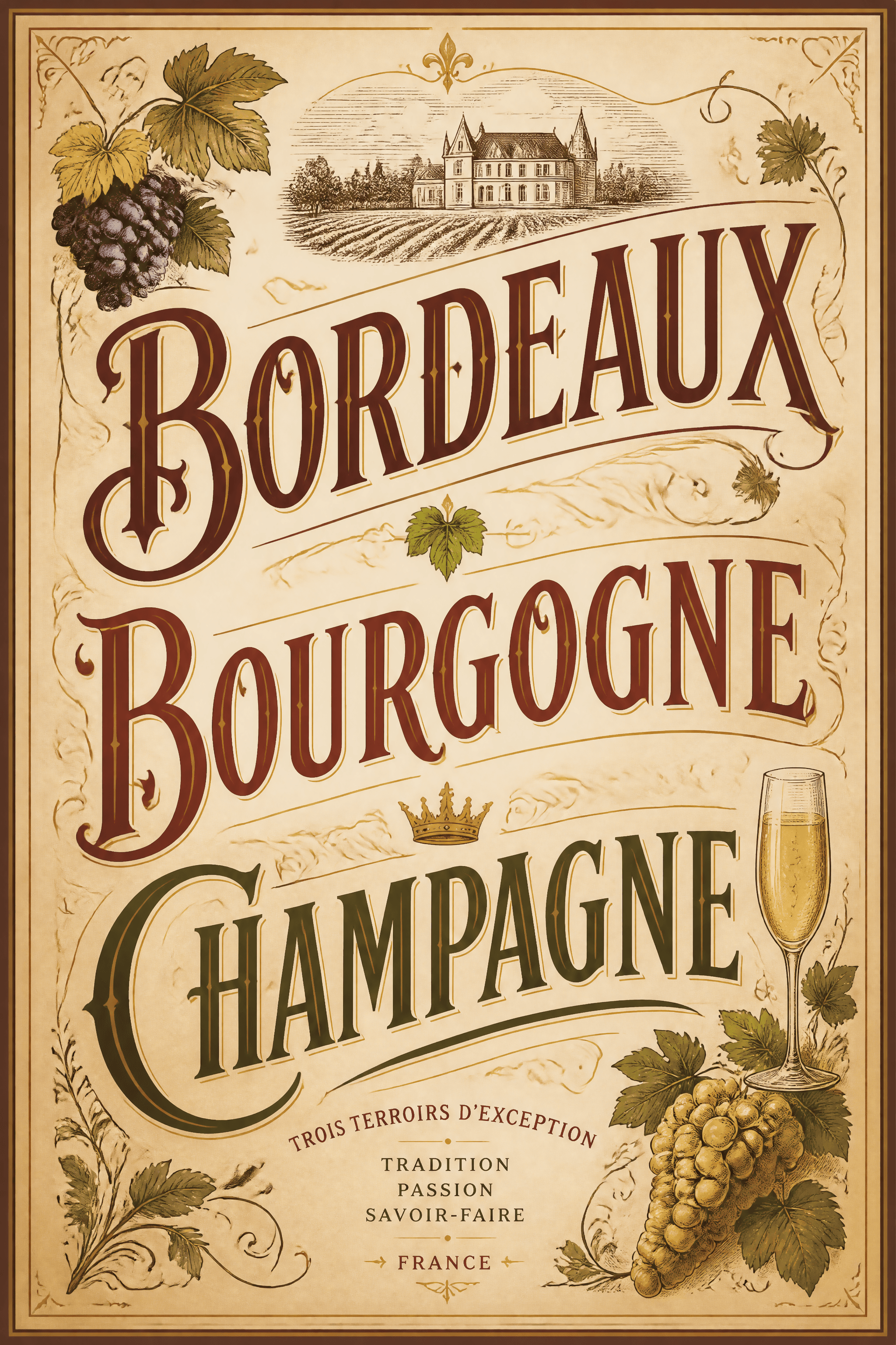 Affiche Régions Viticoles Françaises — typographie décorative vintage