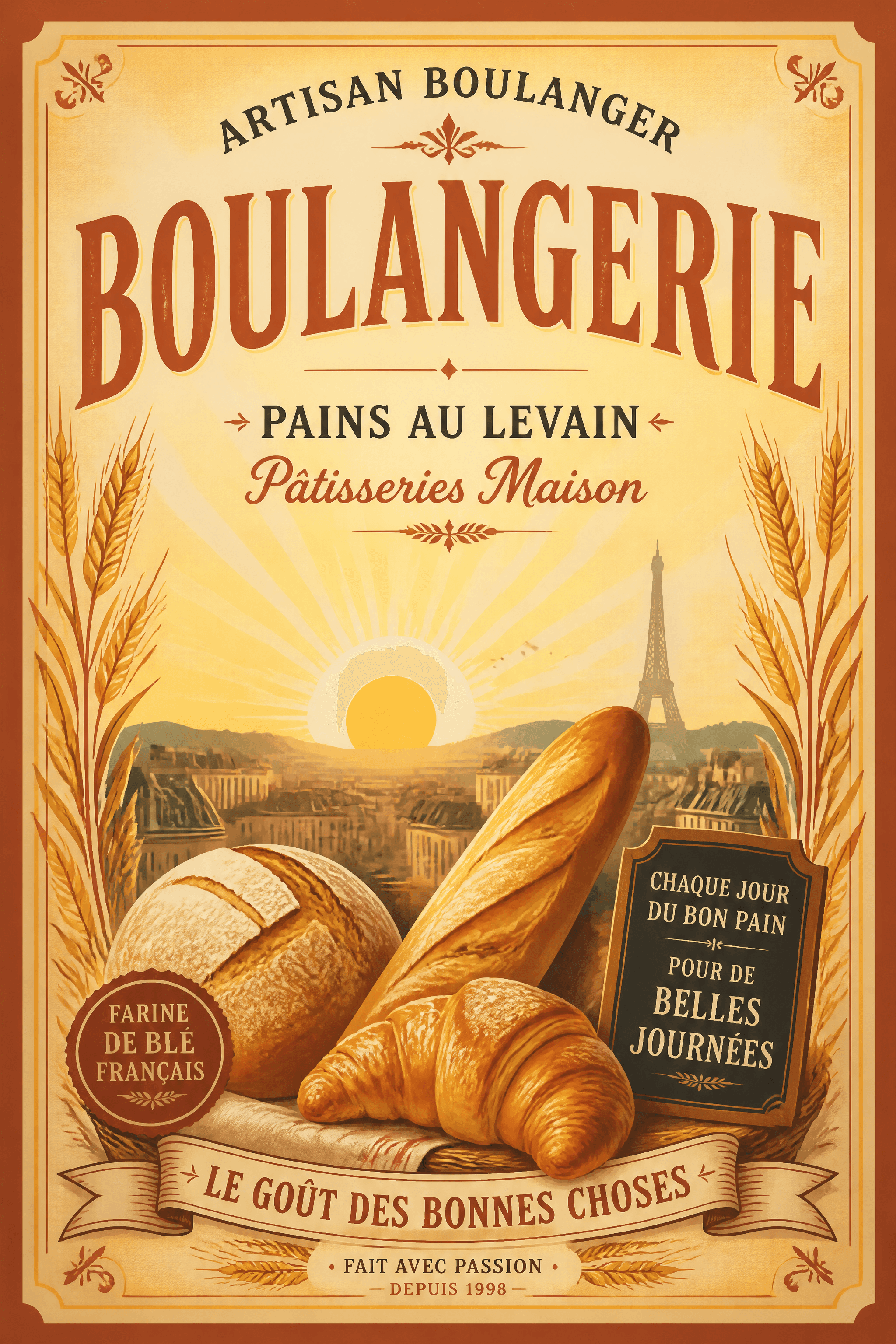 Affiche BOULANGERIE Rétro — aurore et terracotta typographie froment