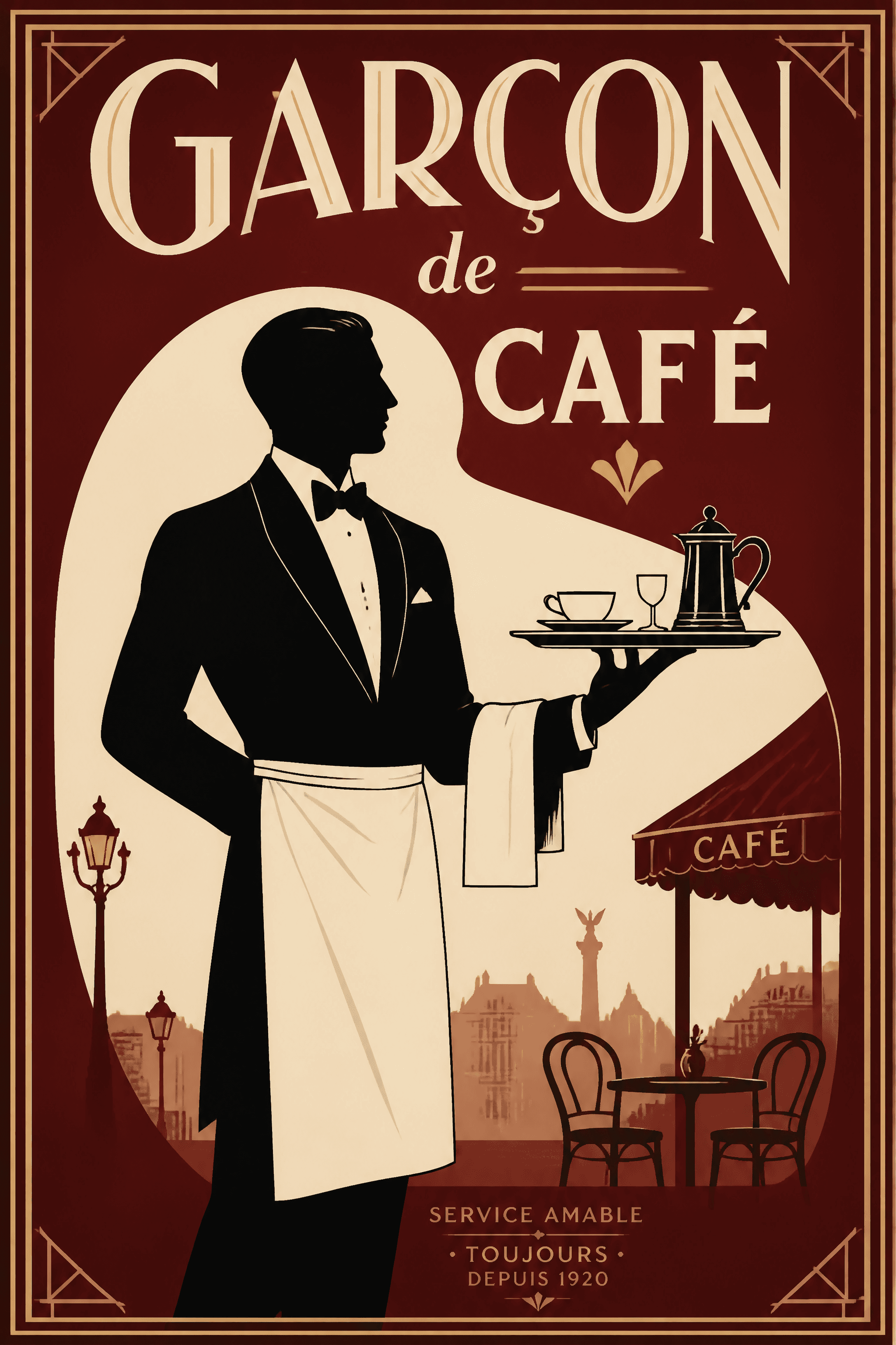 Affiche GARÇON DE CAFÉ — silhouette art déco plateau et tablier