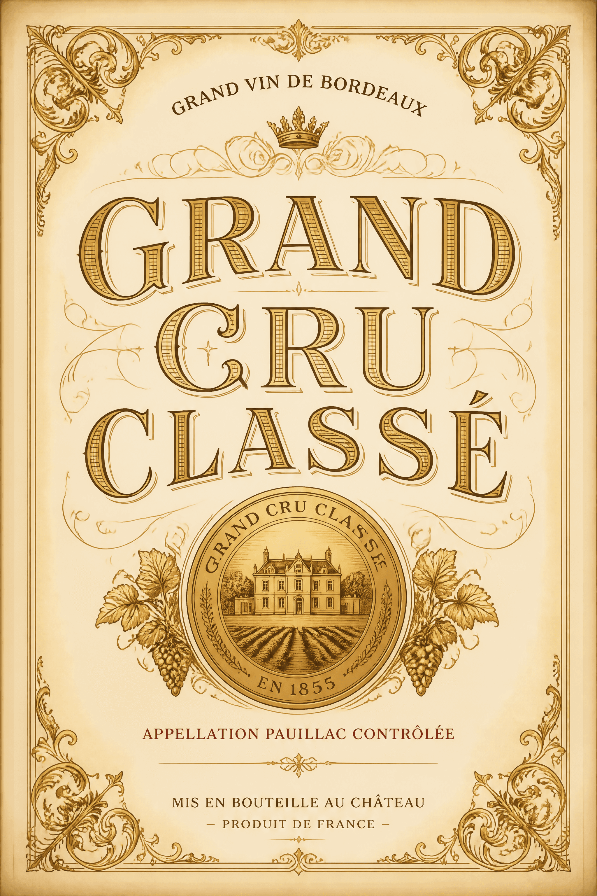 Affiche GRAND CRU Typographique — étiquette vintage ornée d'or