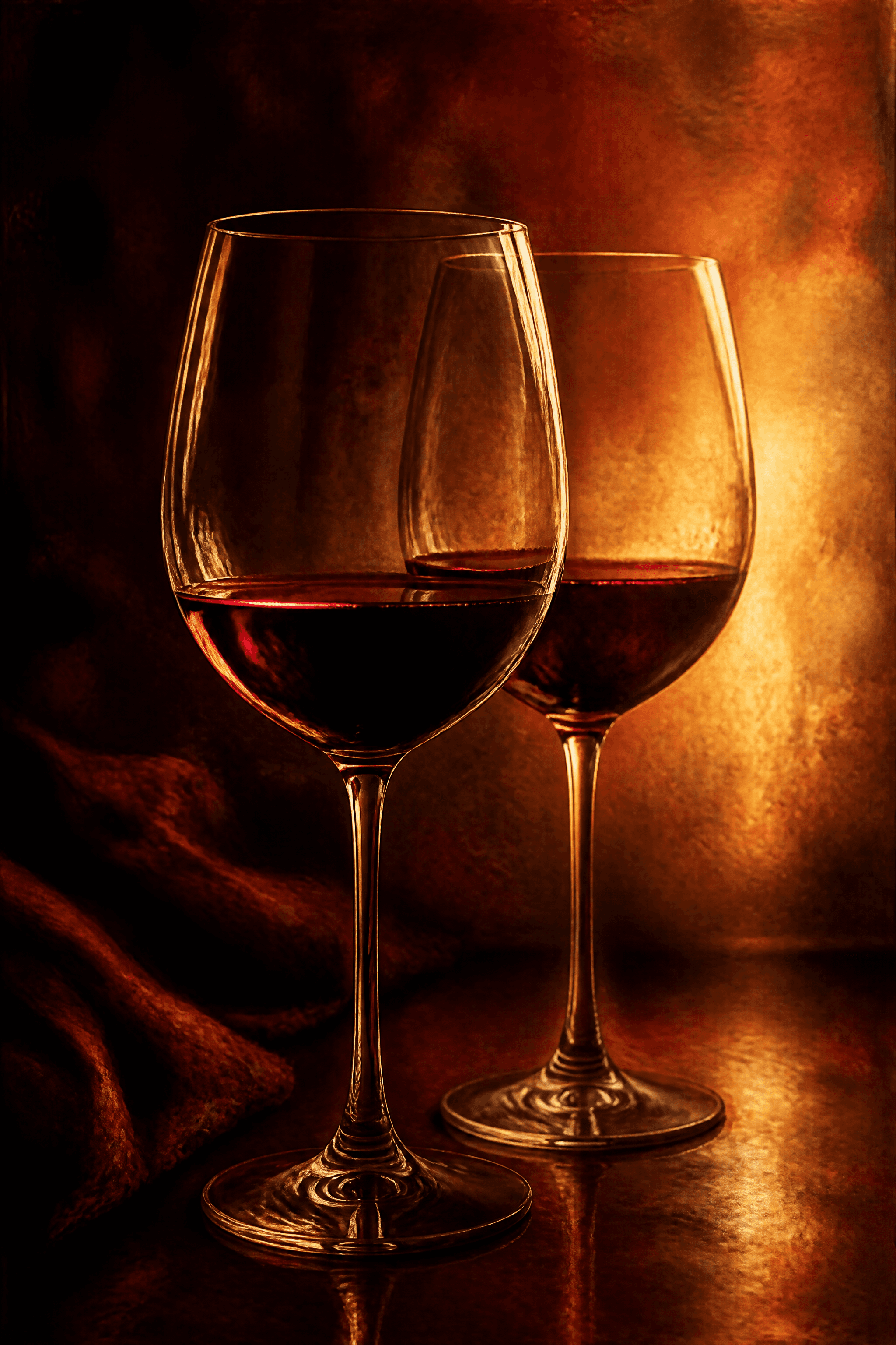Affiche Deux Verres de Vin Rouge — lumière ambrée à contrejour