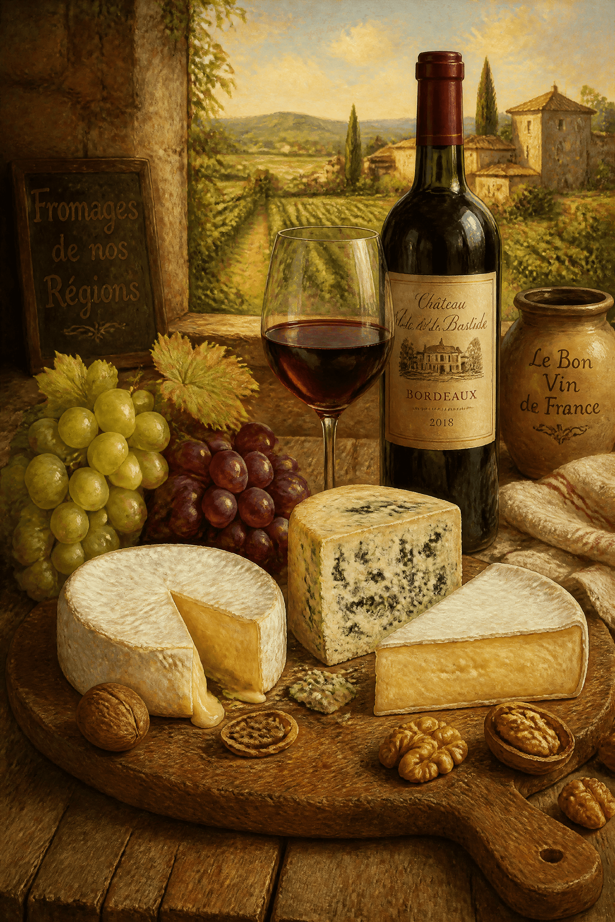 Affiche Vin et Fromage — plateau rustique style campagne française