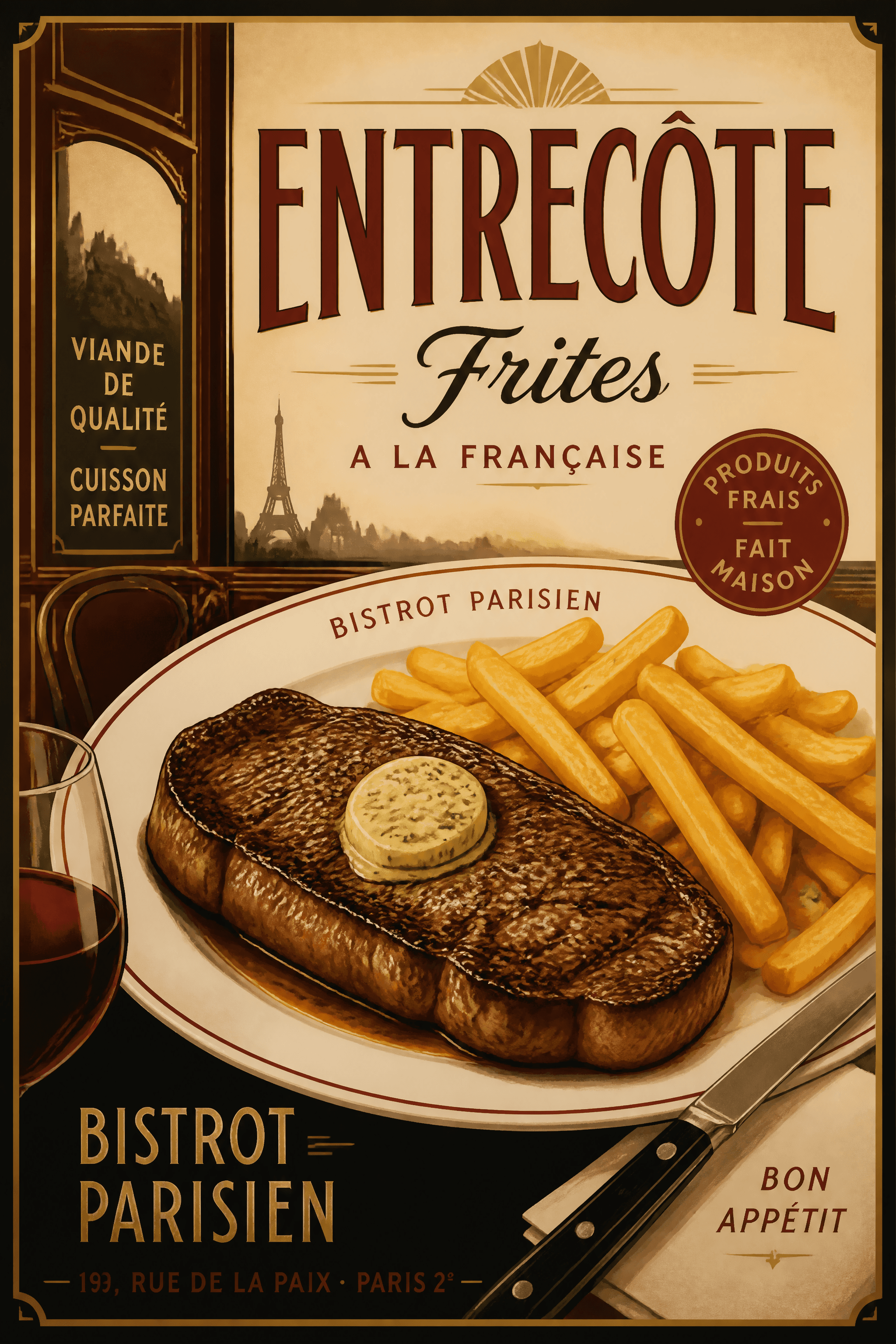 Affiche Entrecôte Frites — gastronomie bistrot art déco illustrée