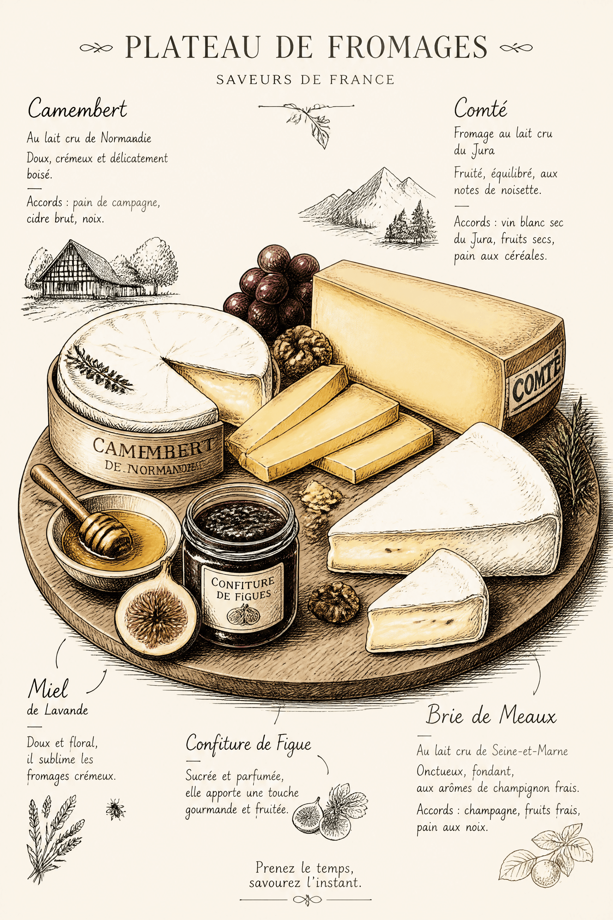 Affiche Plateau de Fromages — illustration encre à la main