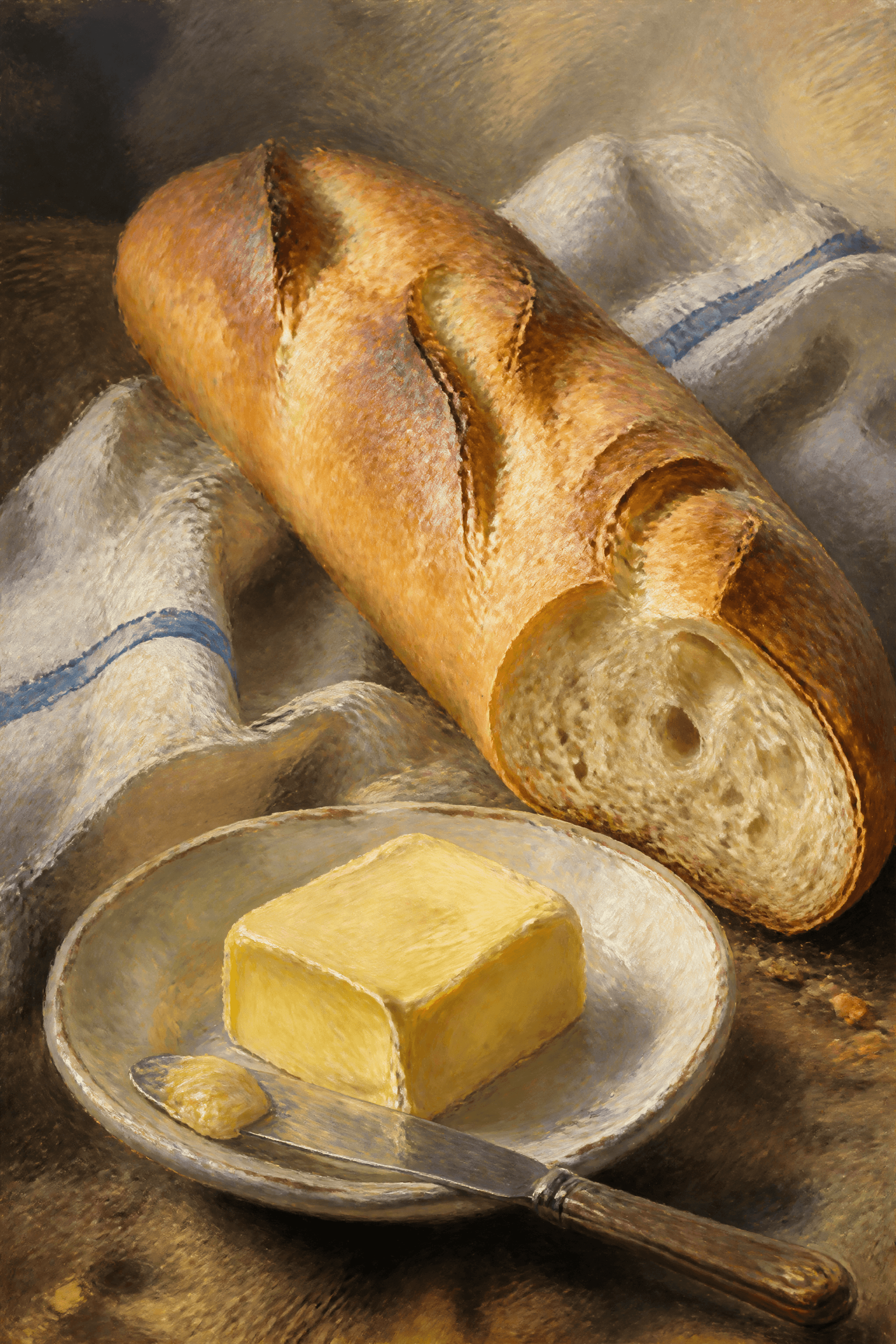 Affiche Baguette et Beurre — nature morte impressionniste du pain