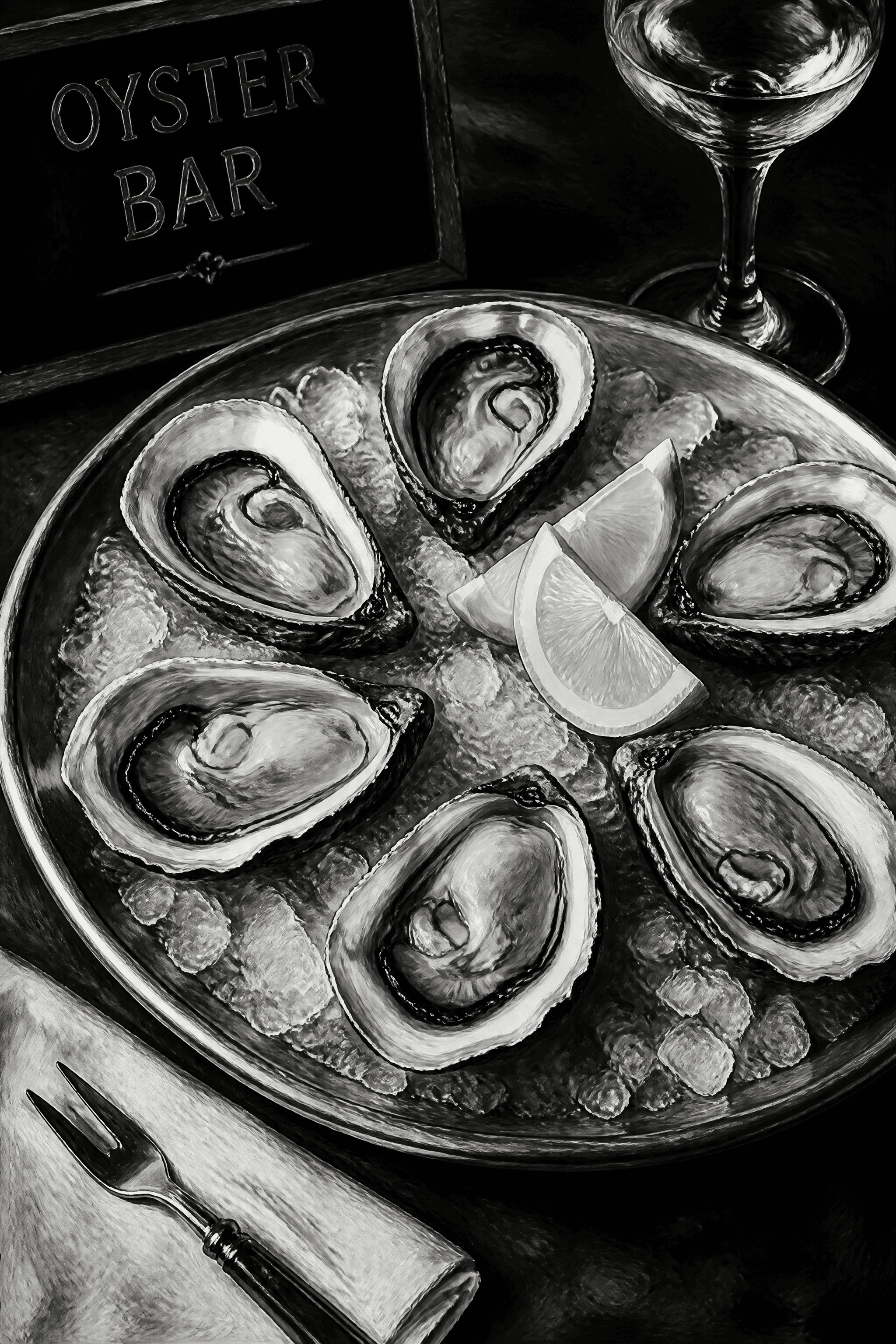 Affiche Huîtres Bar à Écailler — nature morte noir et blanc élégante