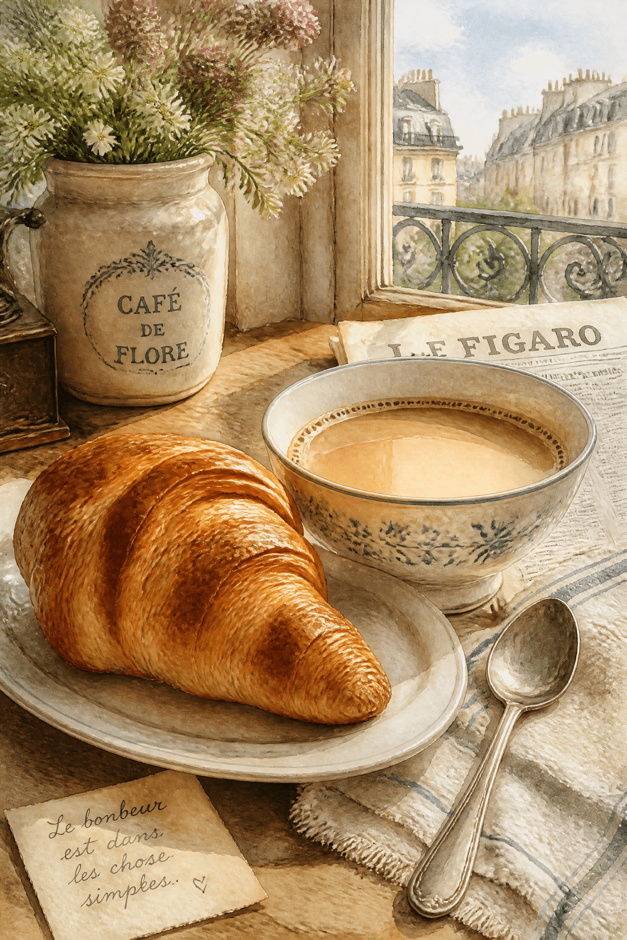 Affiche Croissant et Café au Lait — aquarelle du petit-déjeuner français