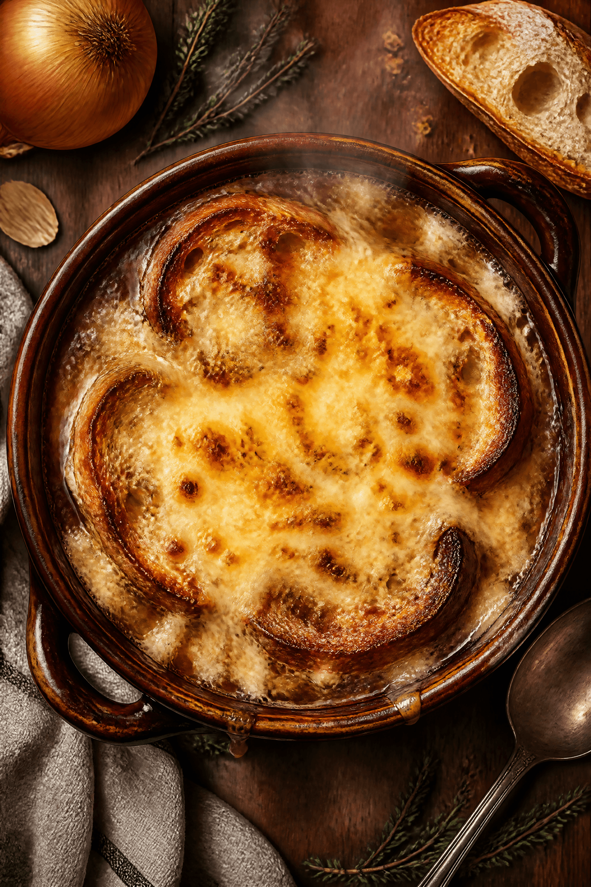Affiche Soupe à l'Oignon Gratinée — vue de dessus et fromage doré