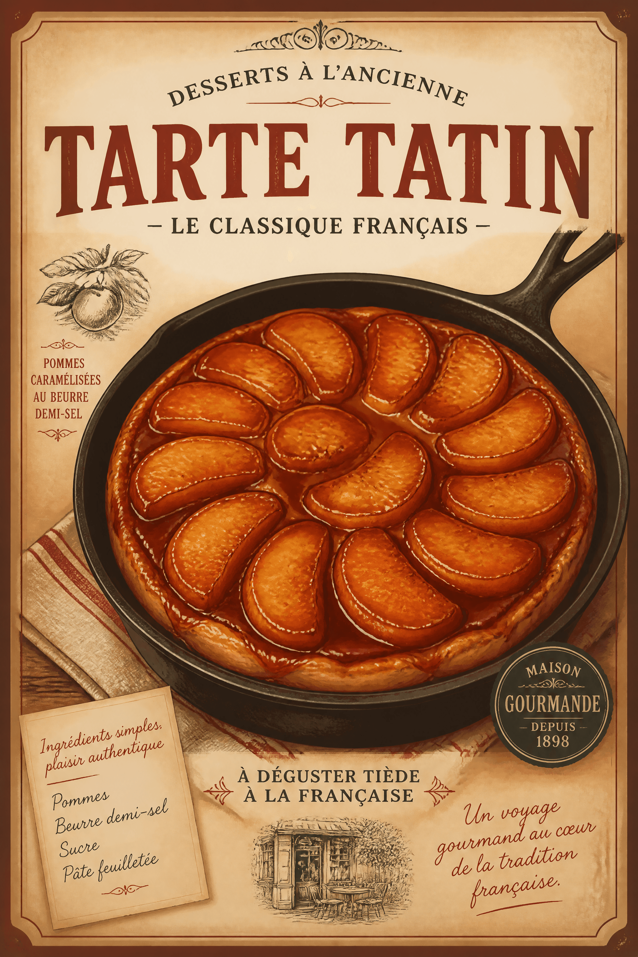 Affiche Tarte Tatin — caramel et pommes fondantes illustration vintage