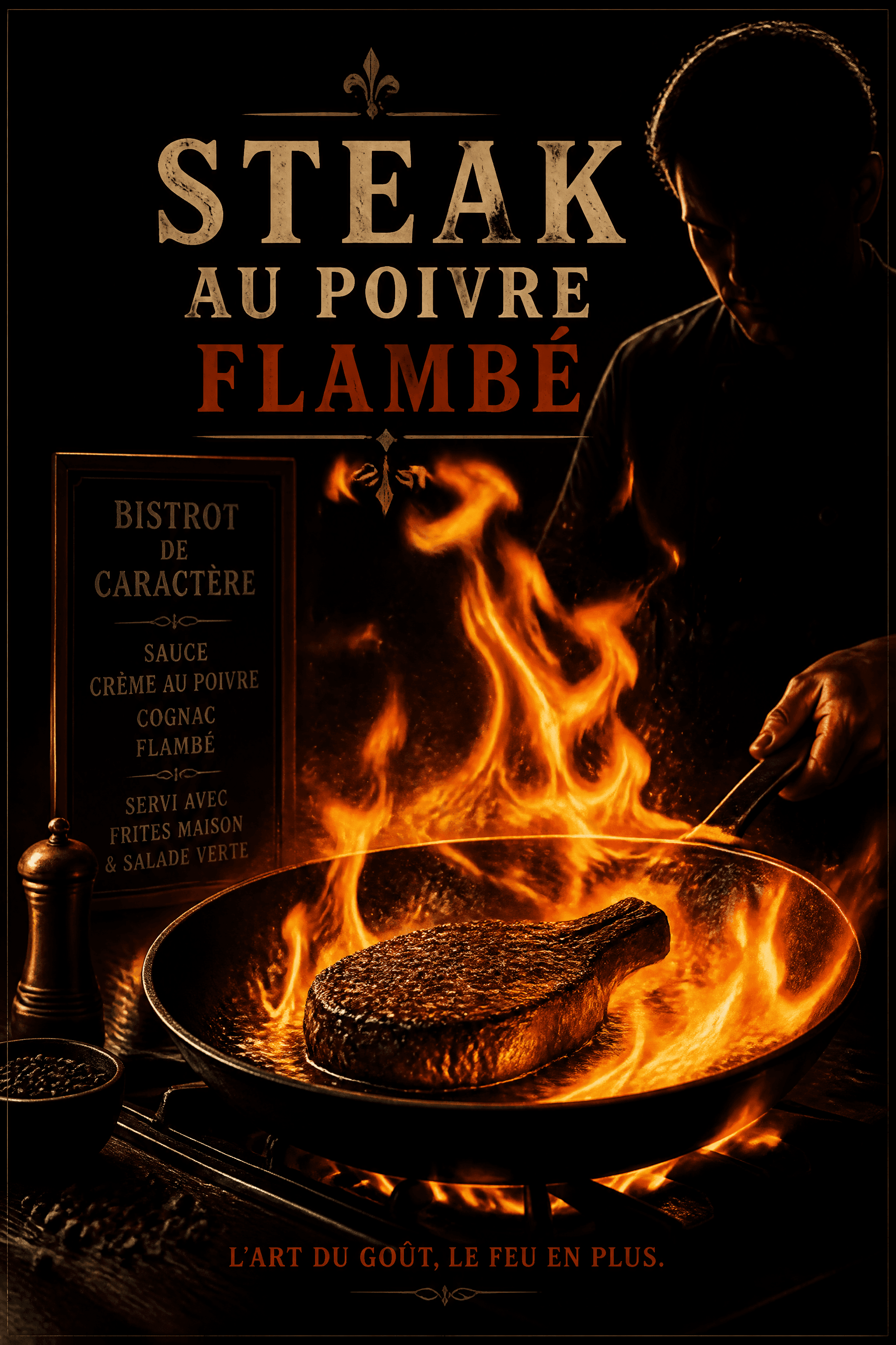 Affiche Steak au Poivre Flambé — scène dramatique cuisine bistrot