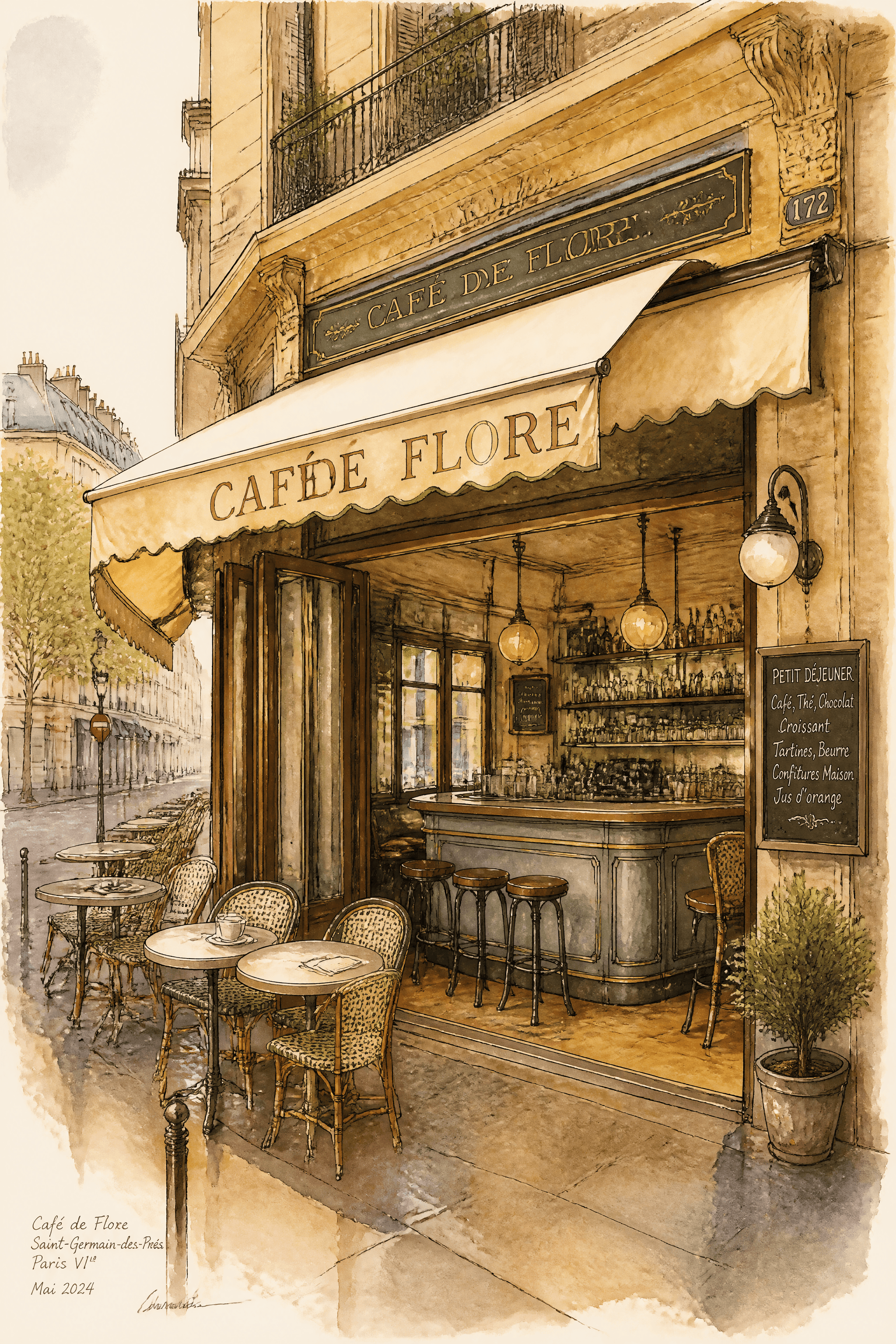 Affiche Terrasse de Café Parisien — aquarelle architecturale au sépia