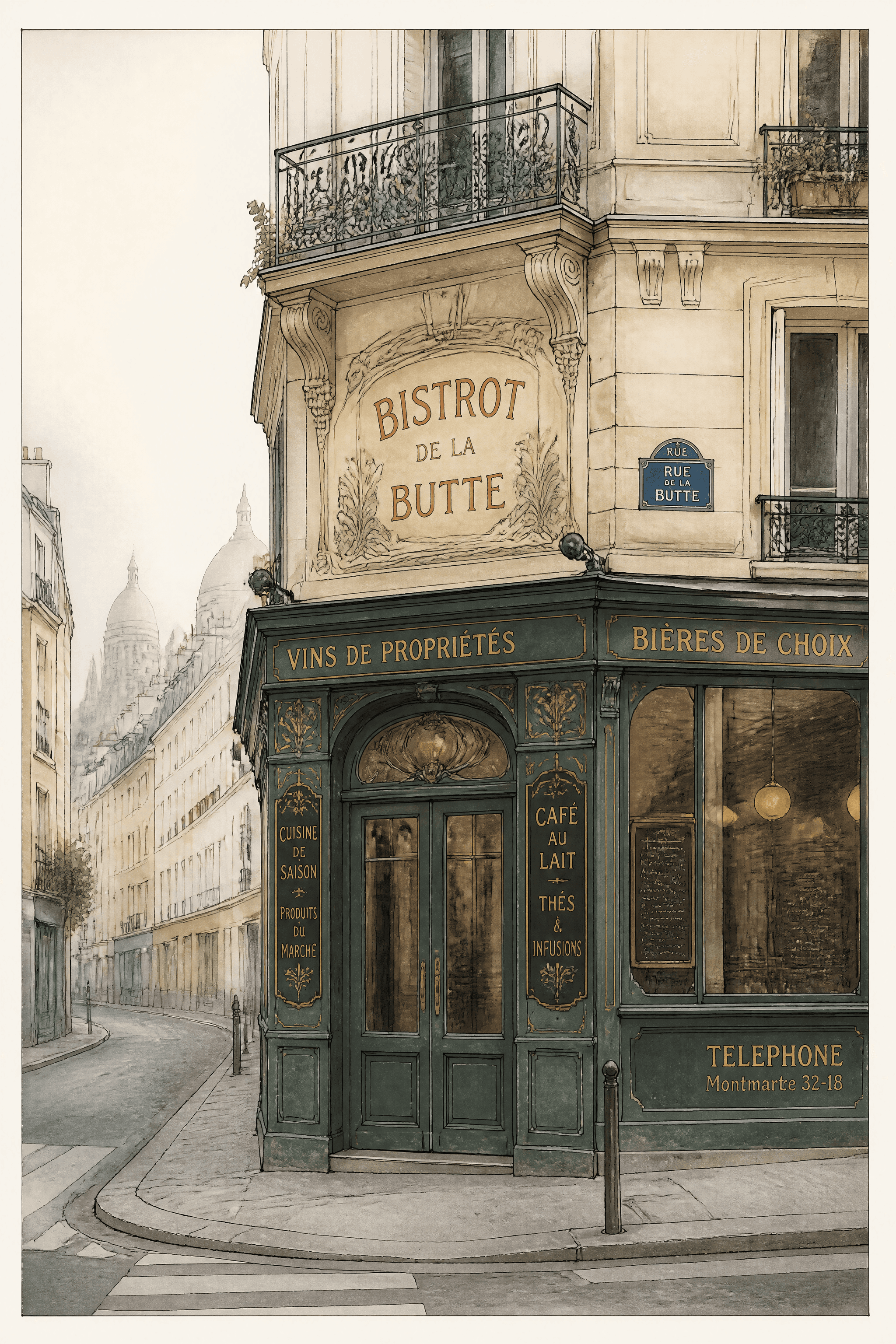 Affiche Façade de Bistrot Parisien — architecture art nouveau rue vide