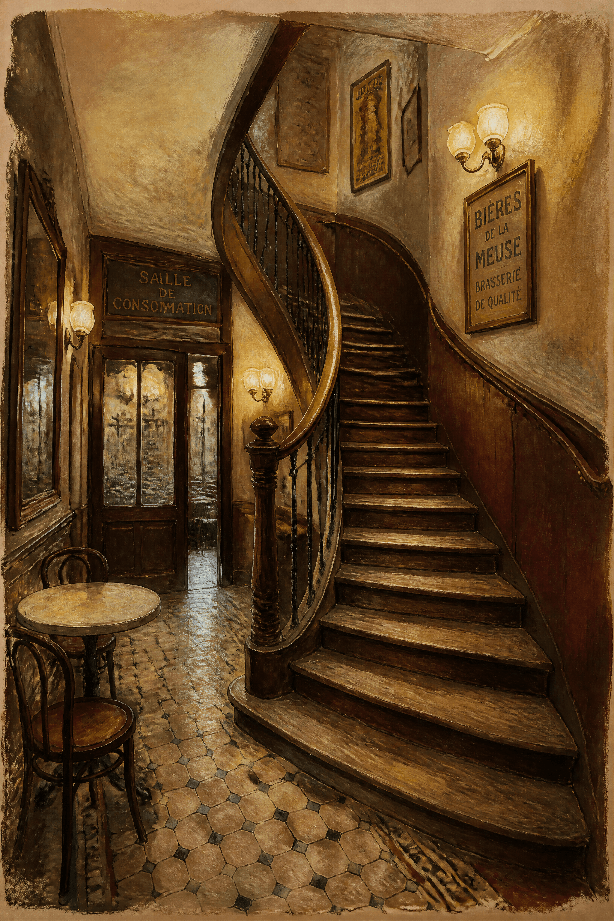 Affiche Escalier de Brasserie — rampe bois courbée et carreaux