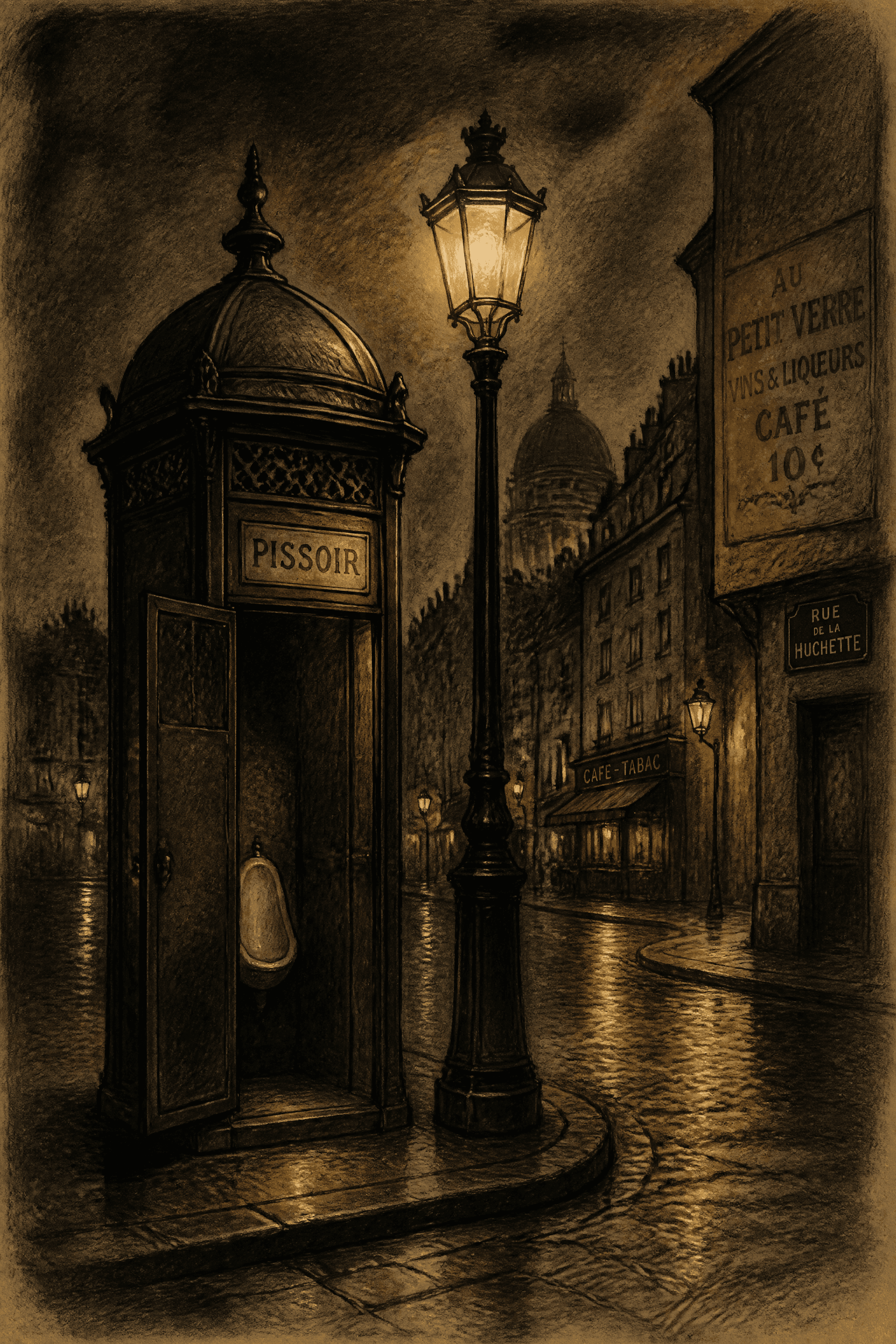 Affiche Paris Nocturne — réverbère et atmosphère rue vintage