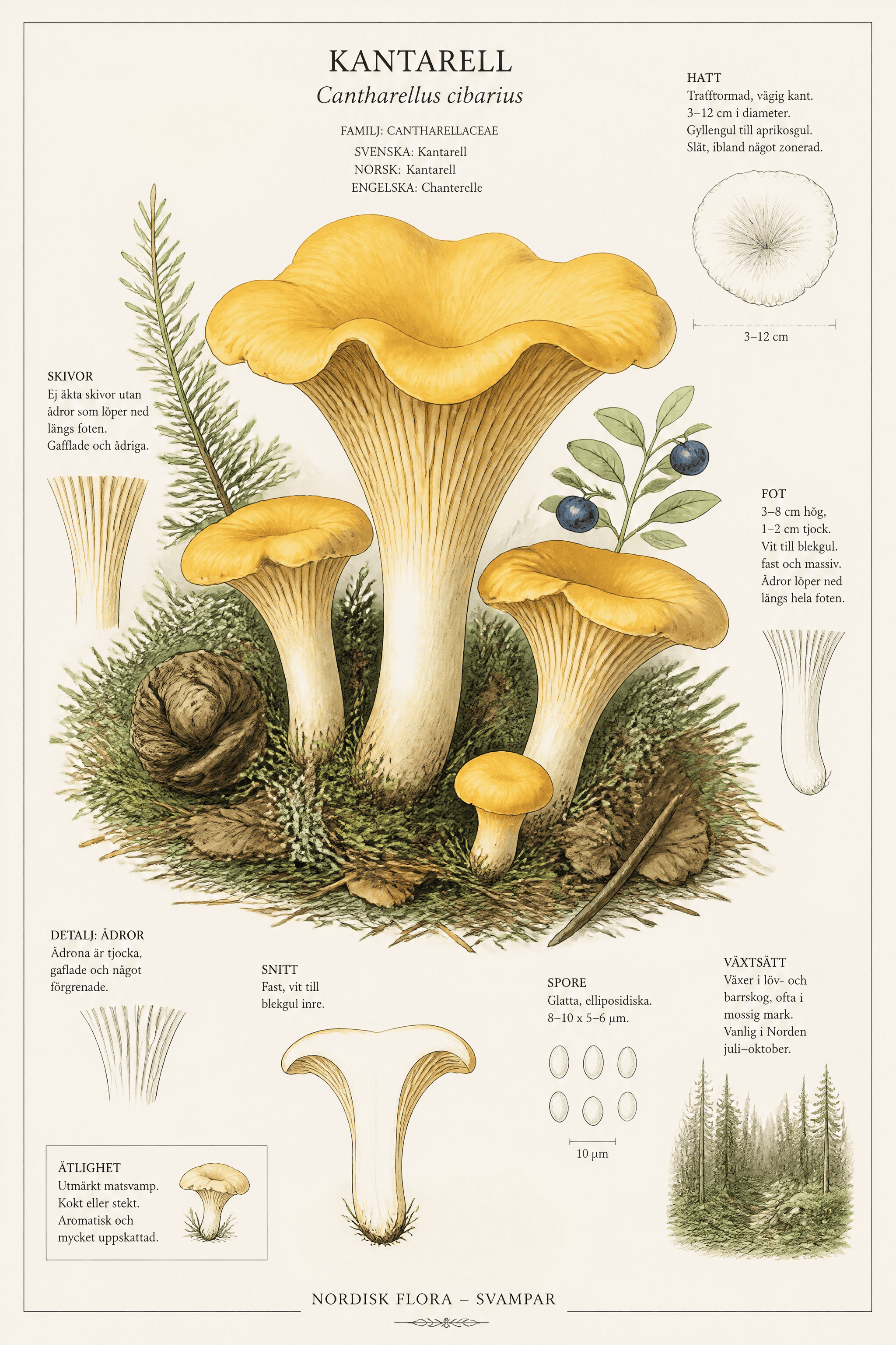 Affiche Chanterelles — planche naturaliste dorée champignons des bois