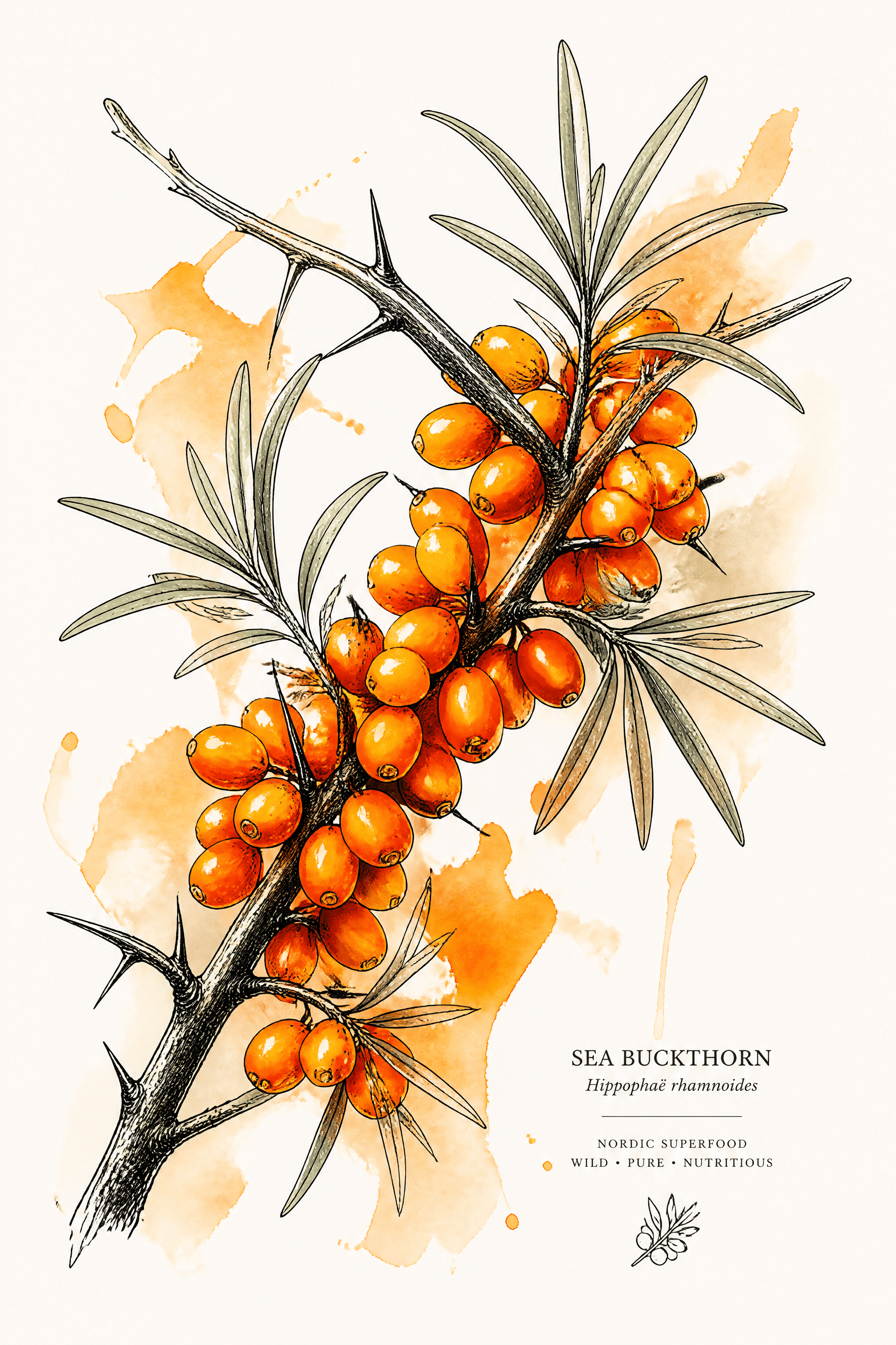 Affiche Argousier — baies oranges vives botanique super-aliment