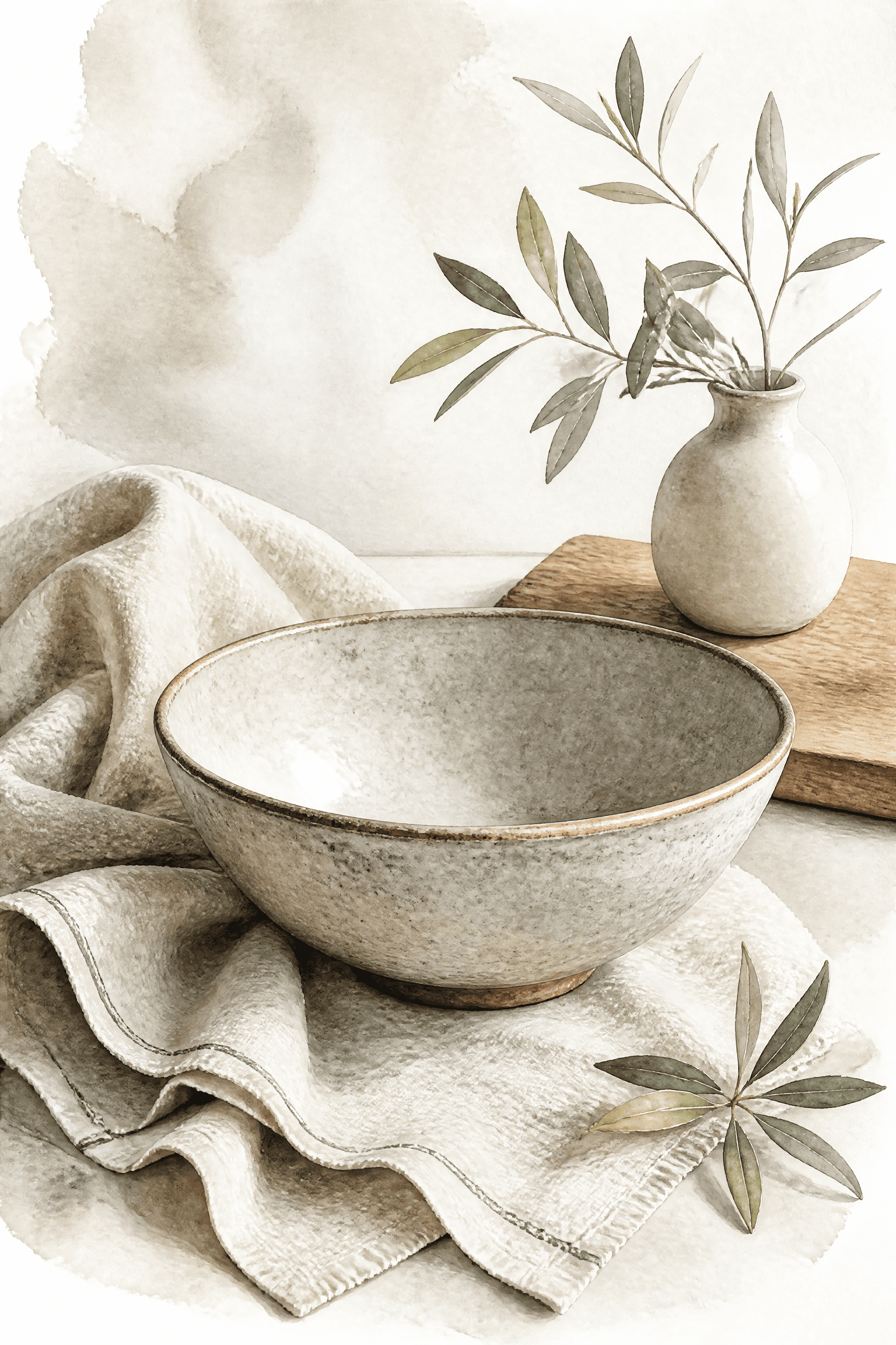 Affiche Bol en Grès et Lin — nature morte cuisine scandinave minimale