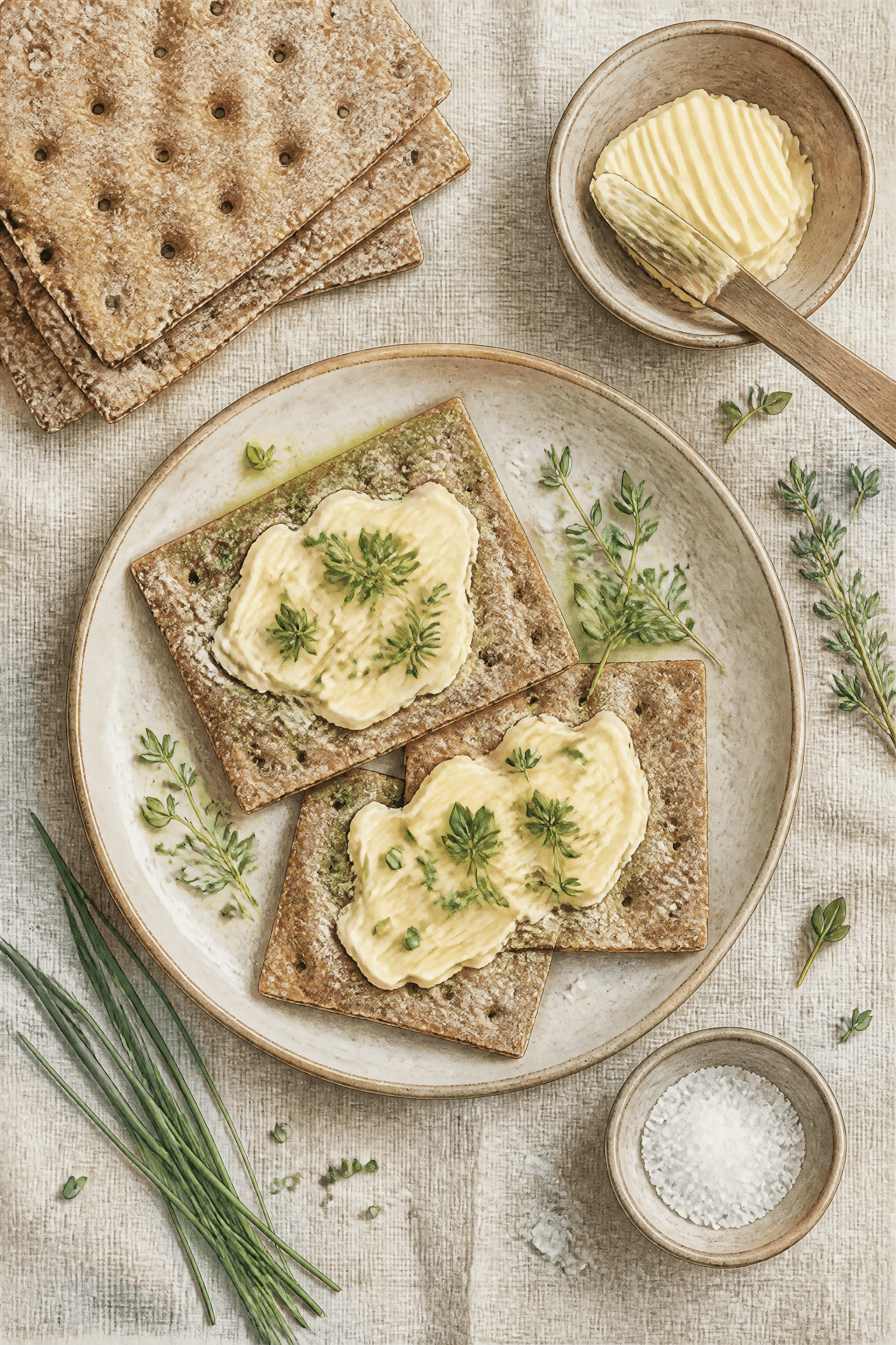 Affiche Knäckebröd — pain craquant suédois beurre et herbes flat lay