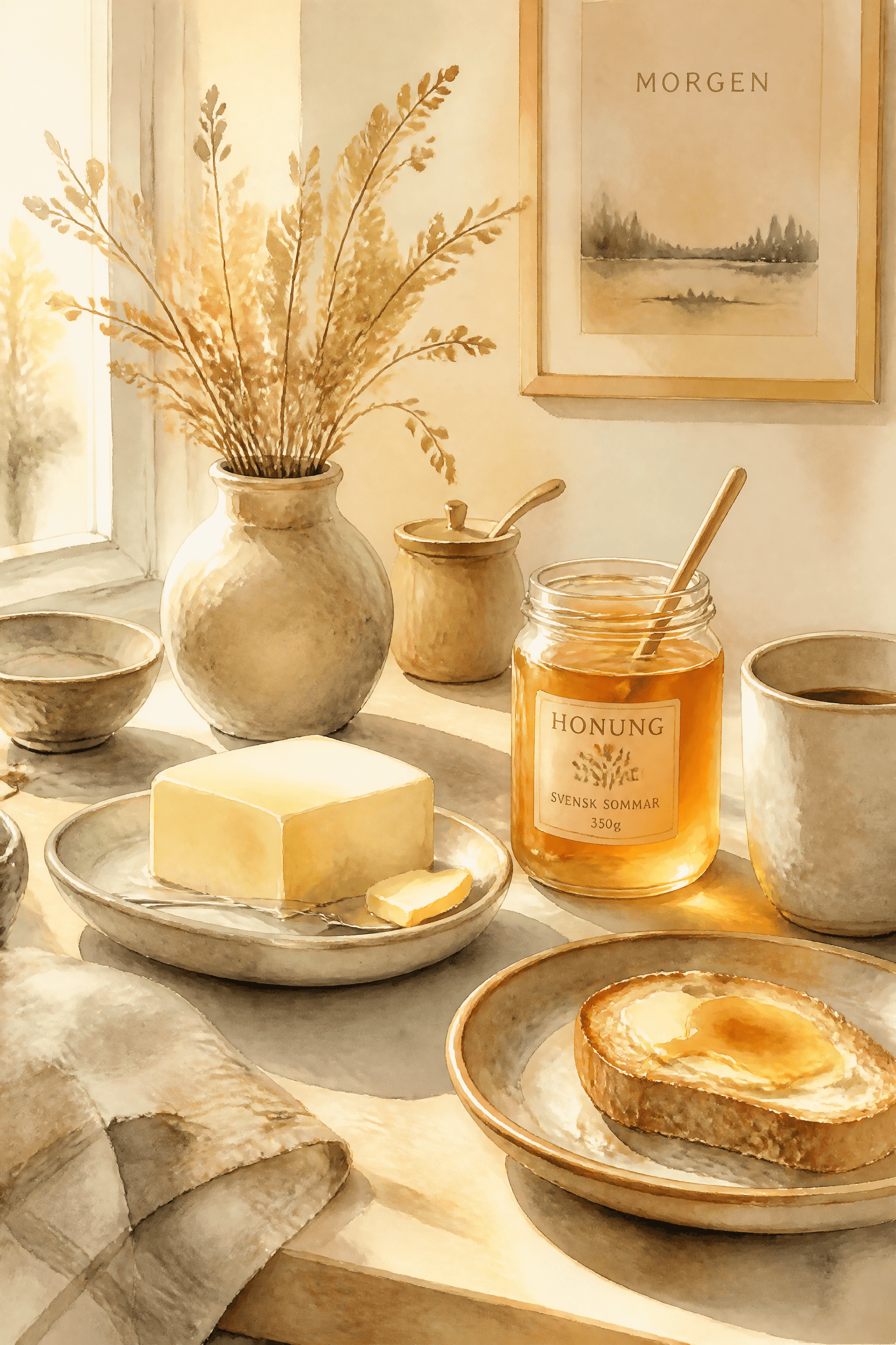 Affiche Beurre et Miel — nature morte dorée cuisine nordique du matin