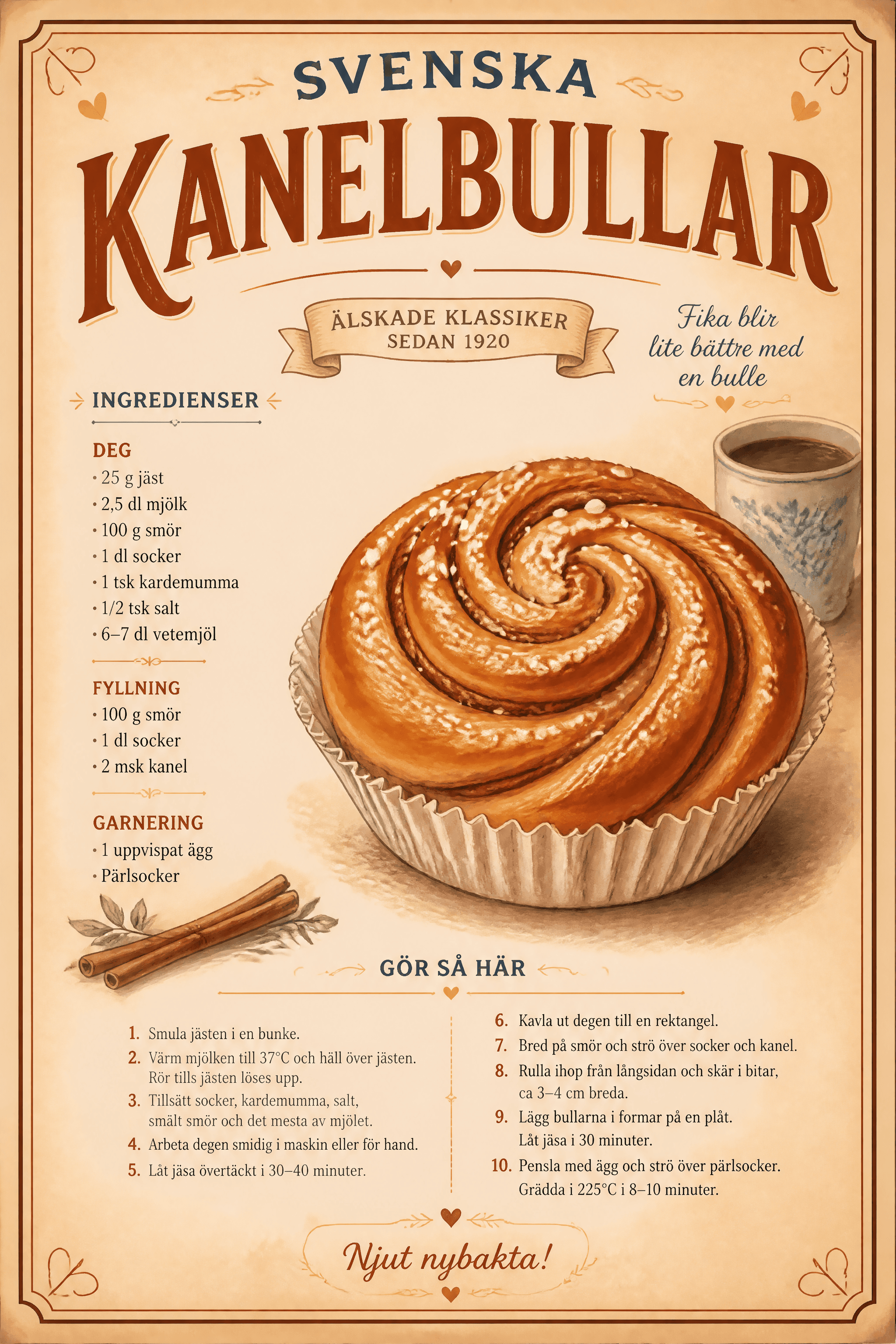 Affiche Recette Kanelbulle Vintage — affiche de pâtisserie nordique