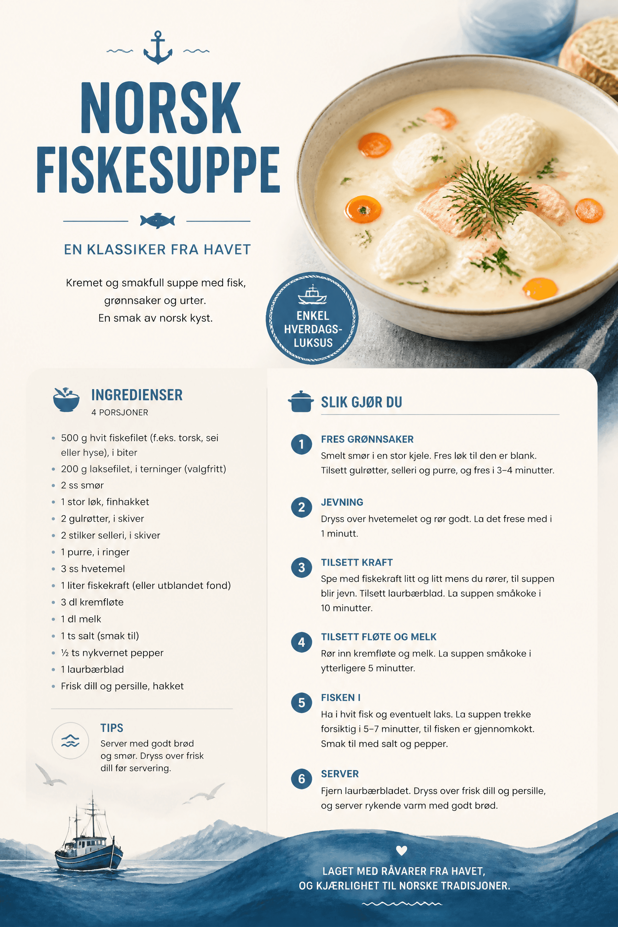 Affiche Recette Fiskesuppe — soupe de poisson norvégienne typographique