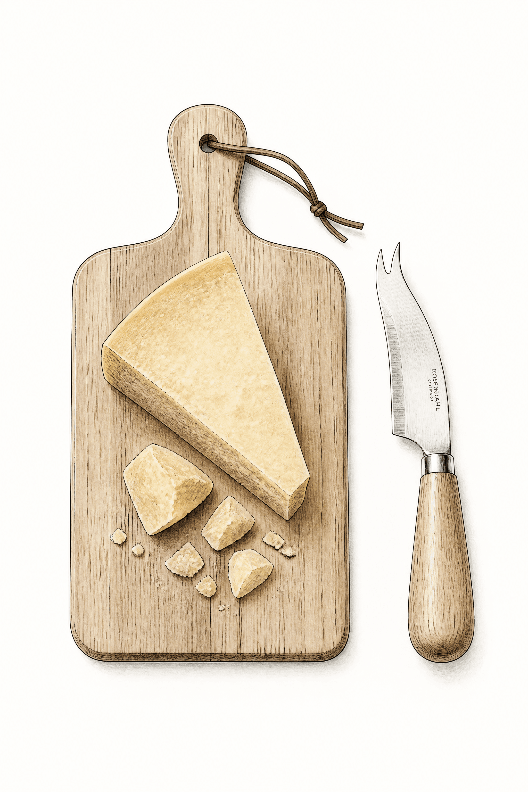 Affiche Couteau à Fromage Nordique — nature morte minimaliste bois et acier