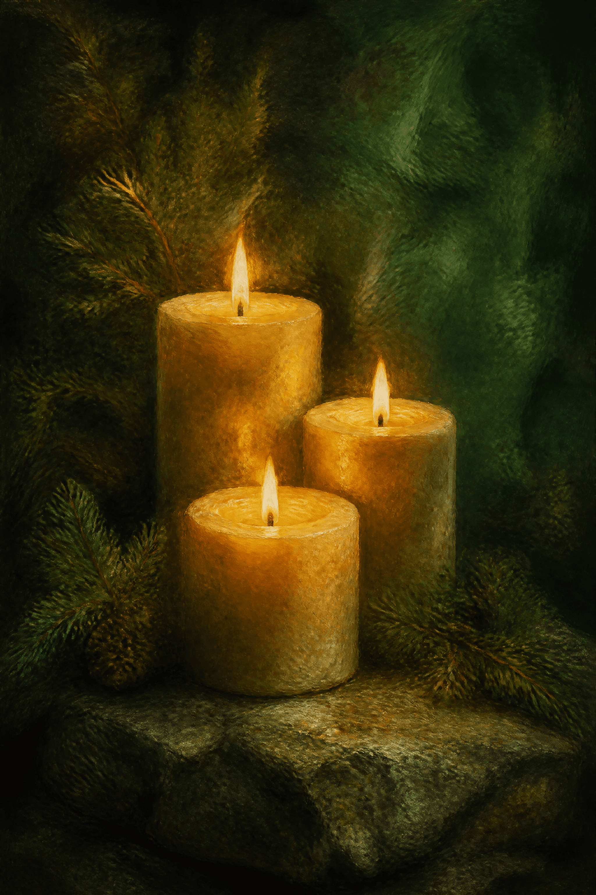Affiche Trio de Bougies — fond vert forêt et flammes dorées