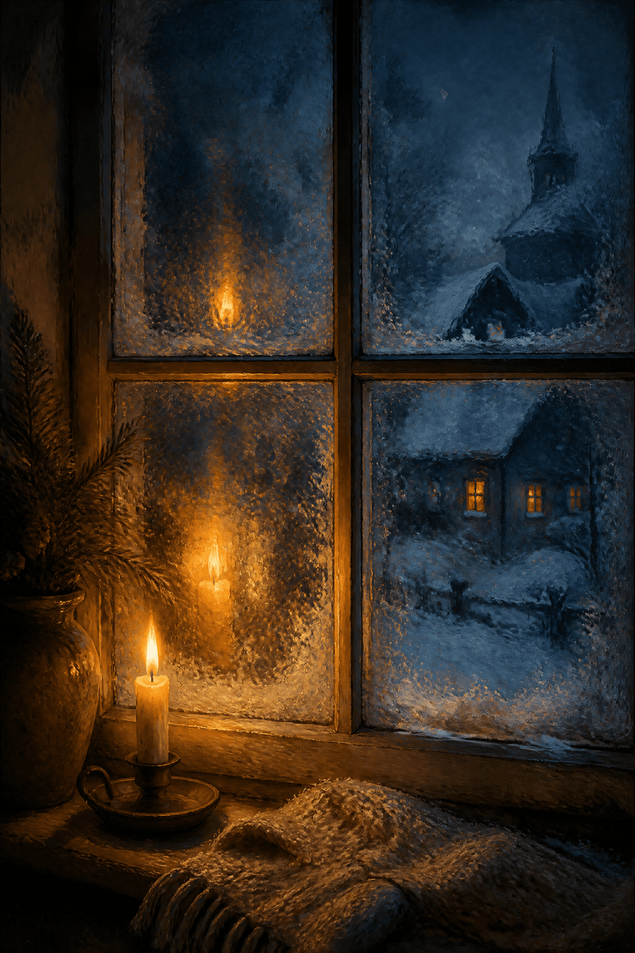 Affiche Bougie et Fenêtre Givrée — lumière contre le froid