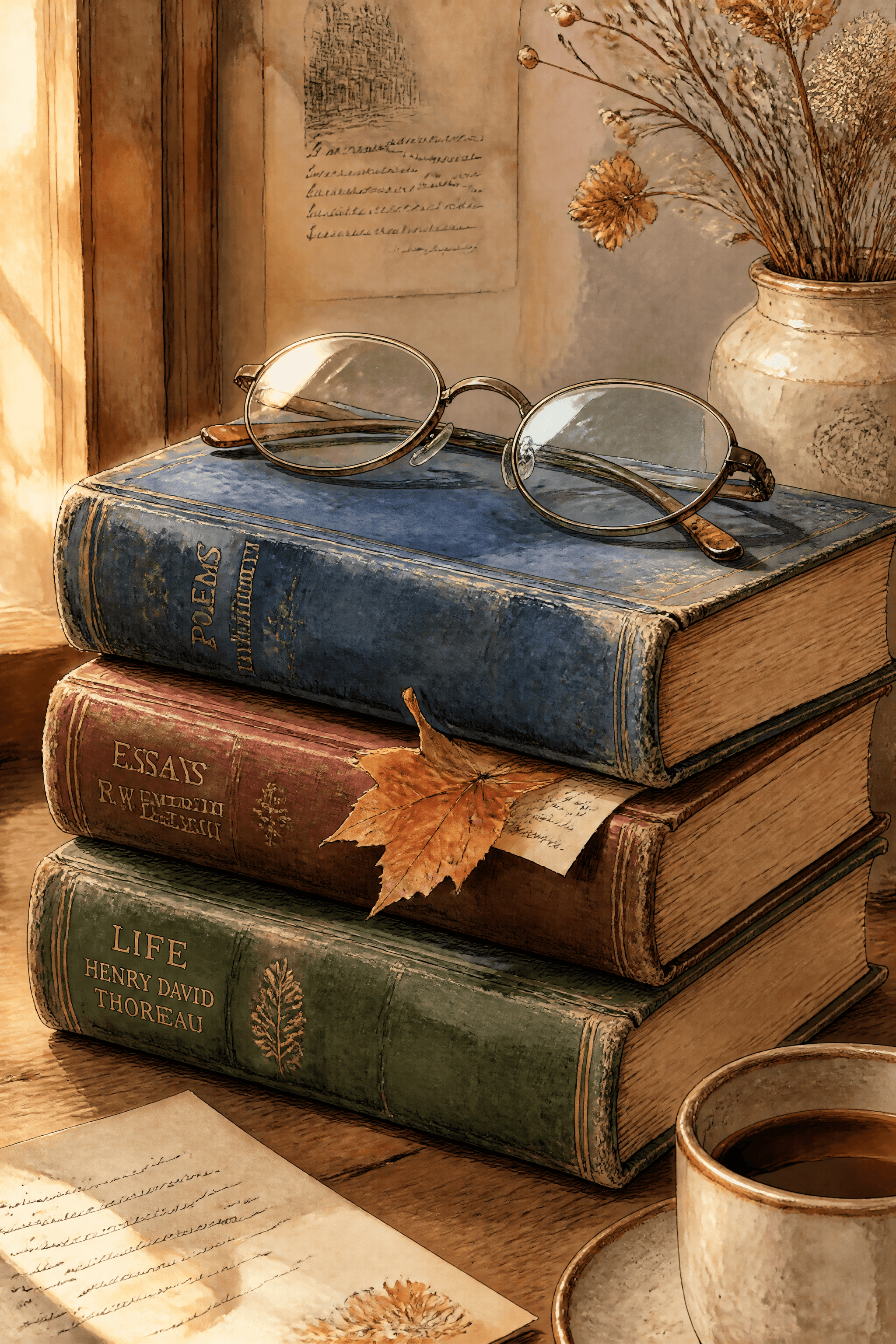 Affiche Pile de Livres — nature morte littéraire hygge