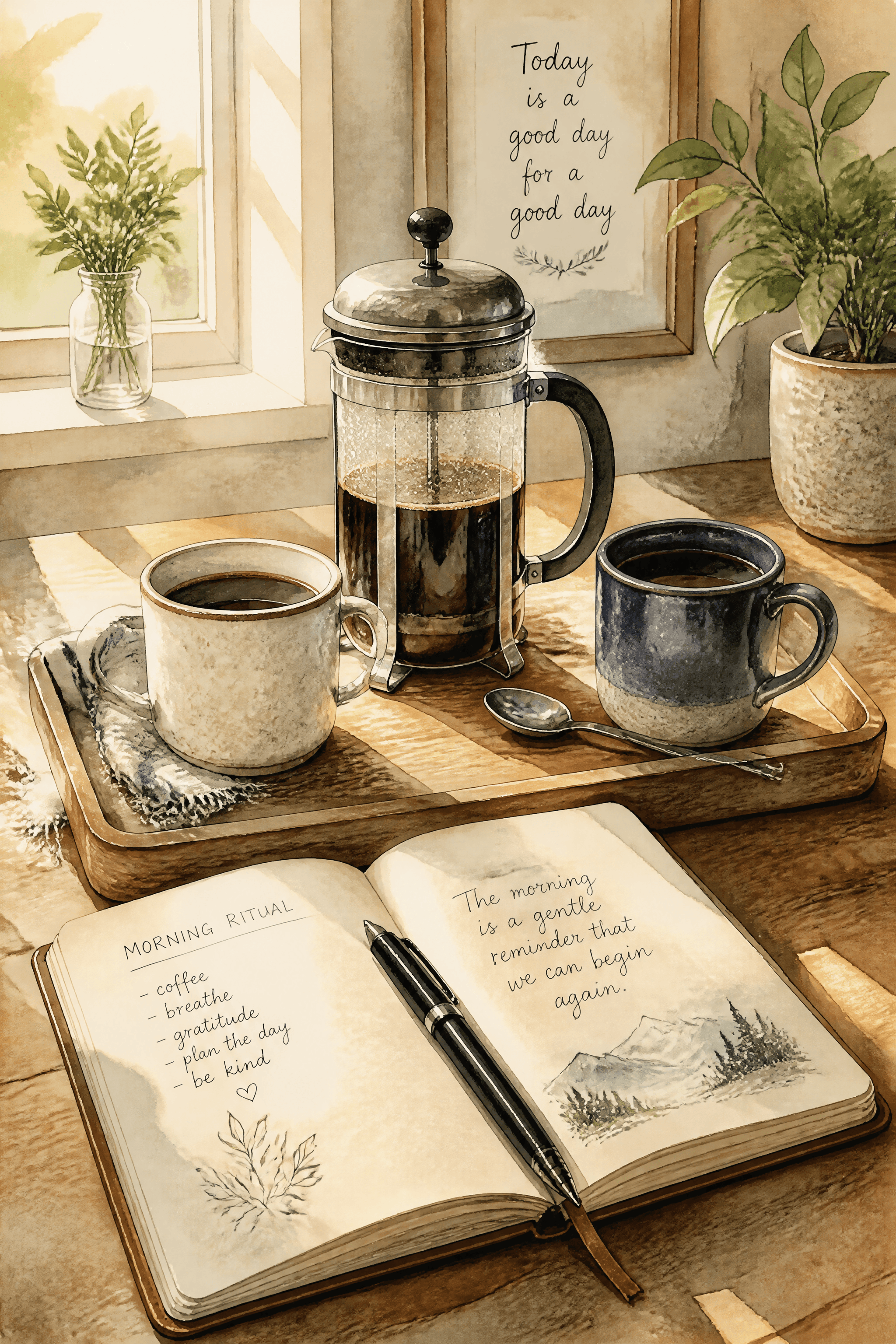 Affiche French Press et Carnet — rituel café du matin
