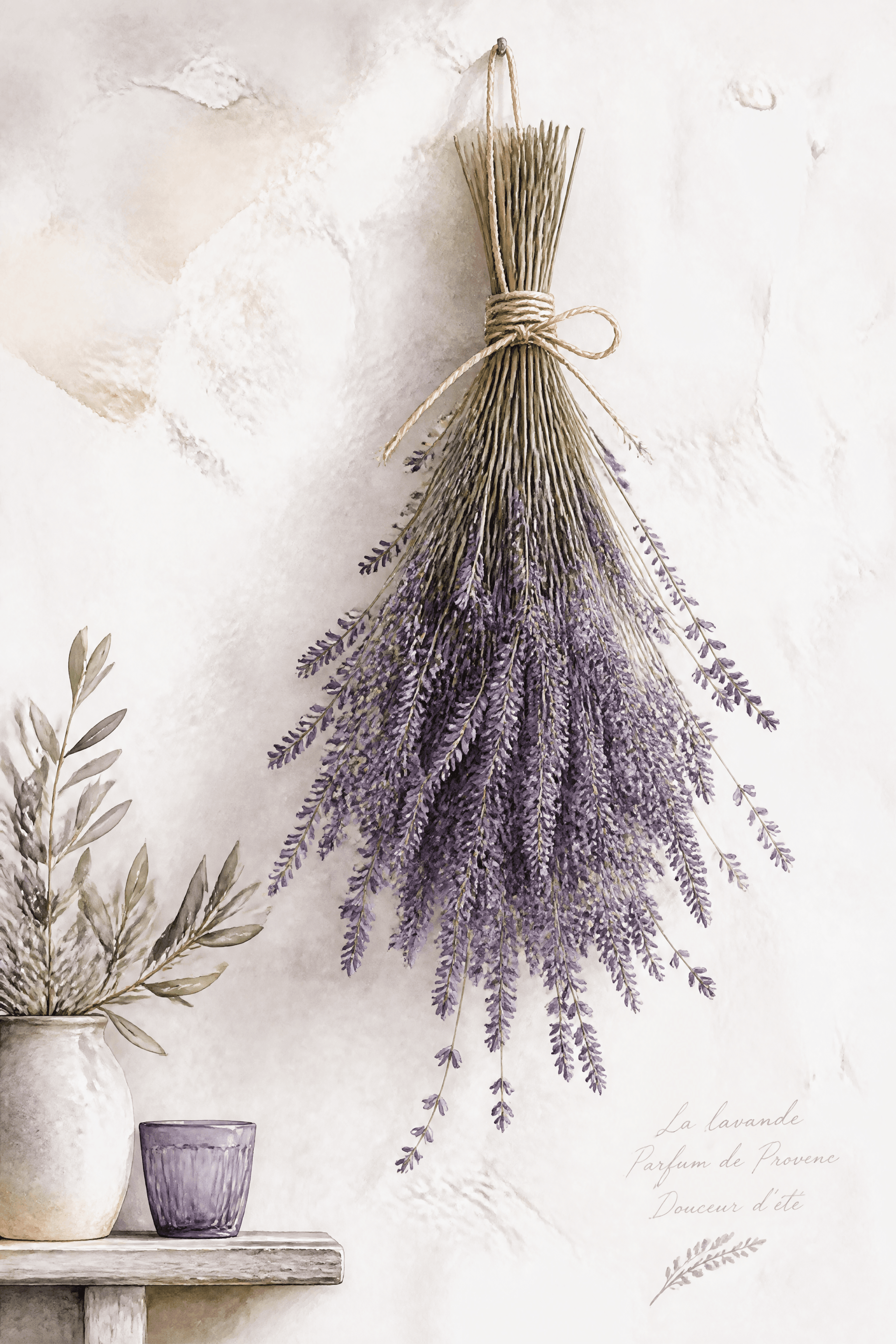 Affiche Bouquet de Lavande Séchée — violet et sage sur blanc