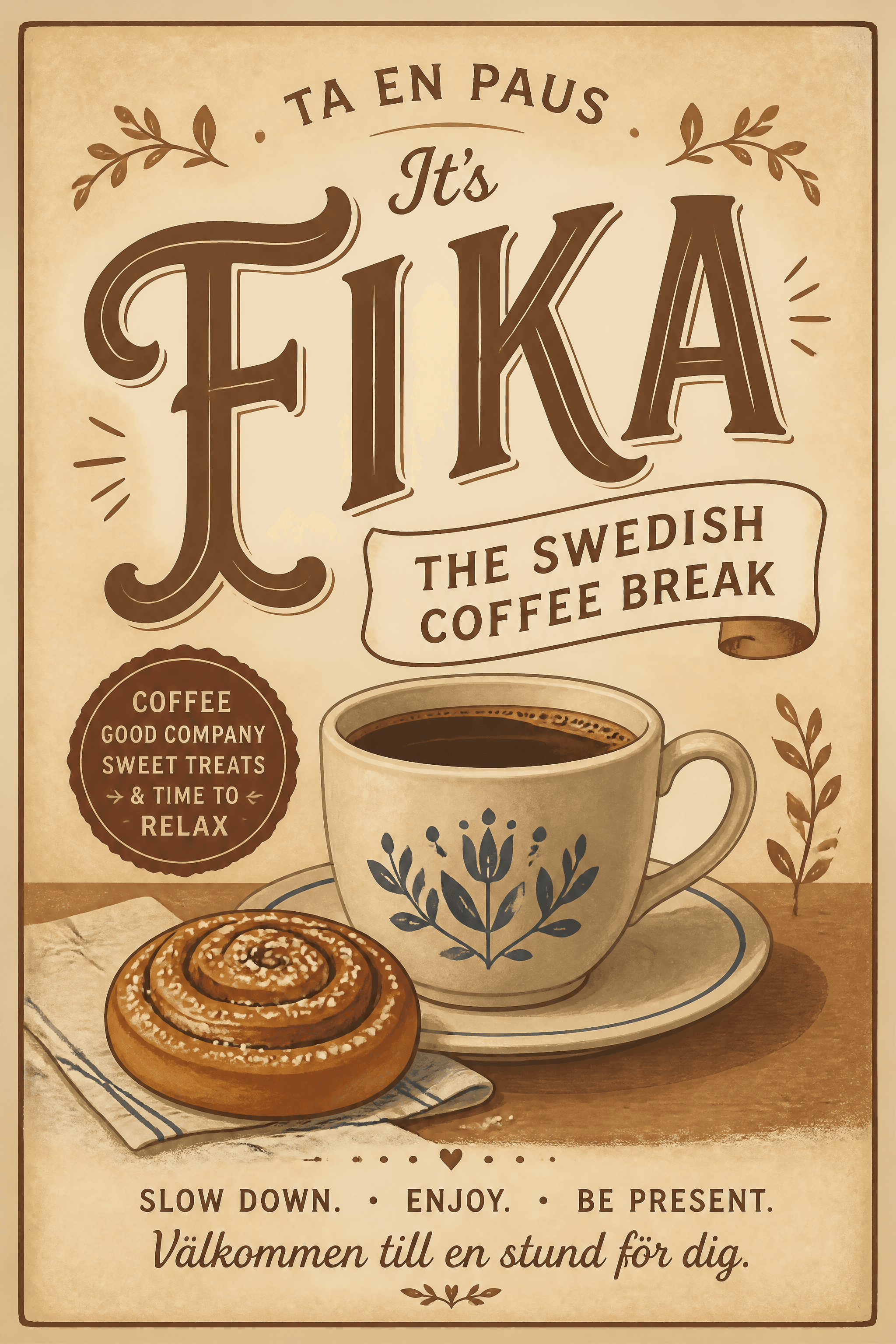 Affiche FIKA — typographie rétro suédoise et tasse de café