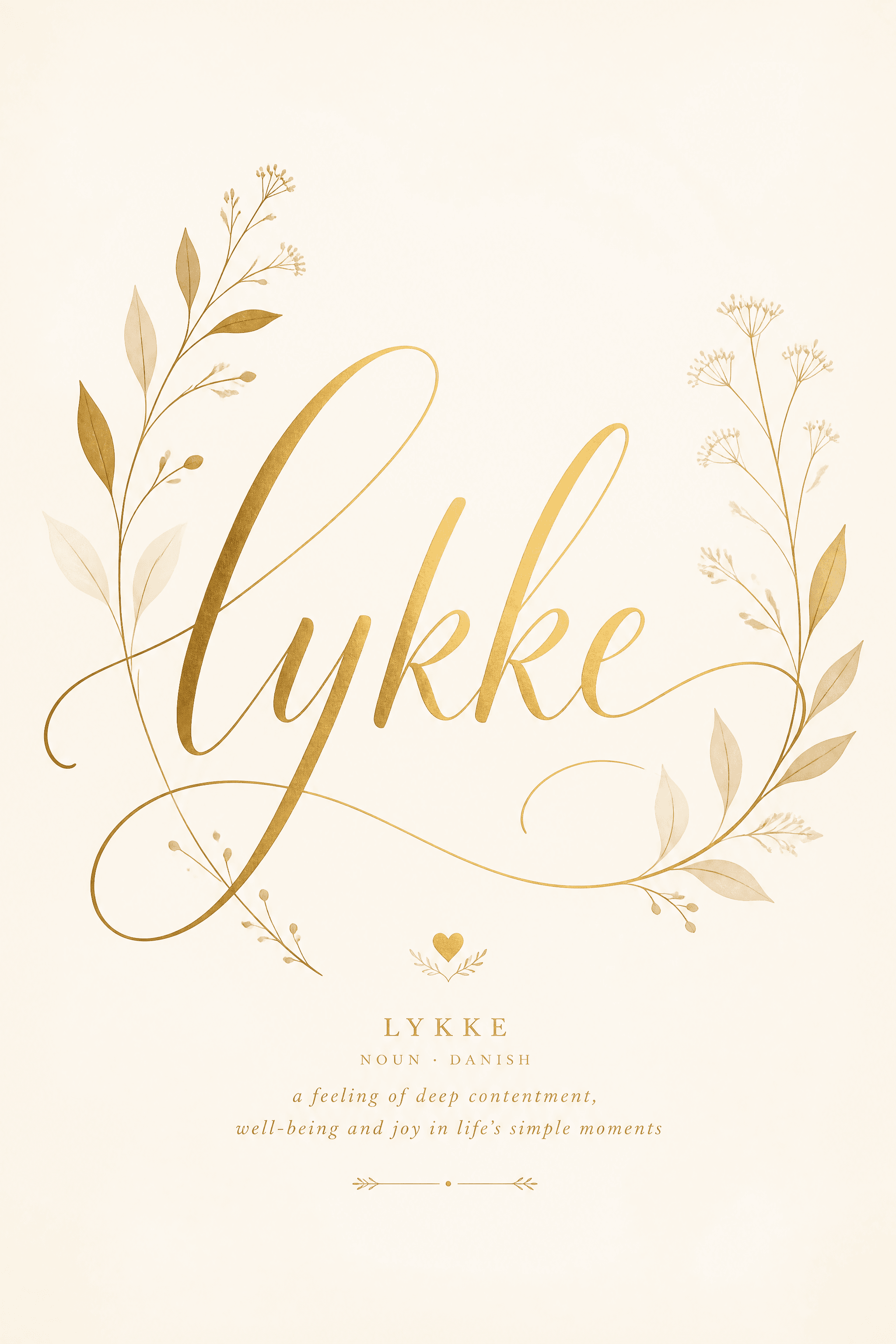 Affiche LYKKE — bonheur danois en calligraphie script dorée