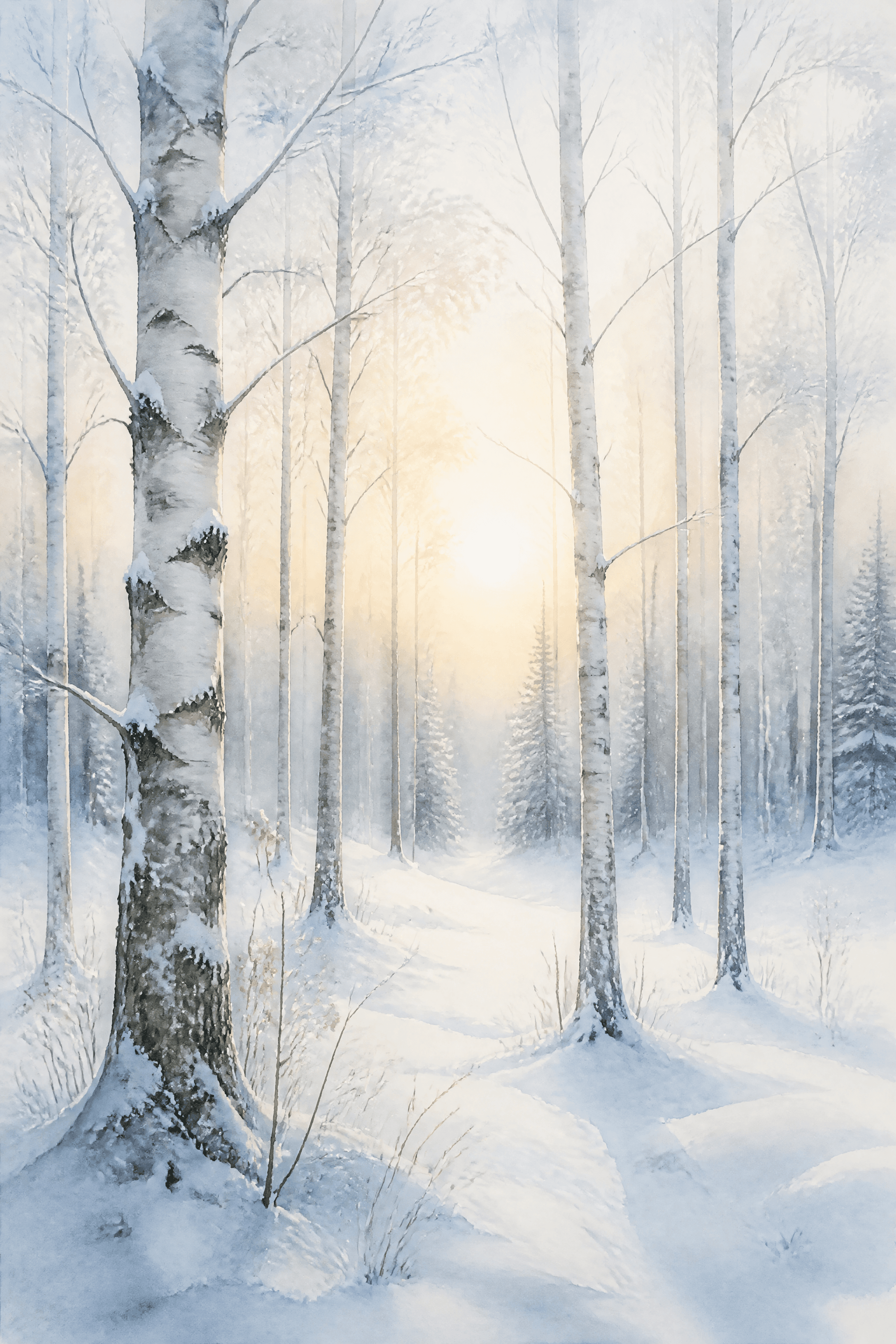 Affiche Forêt de Bouleaux Enneigée — aurore nordique aquarelle