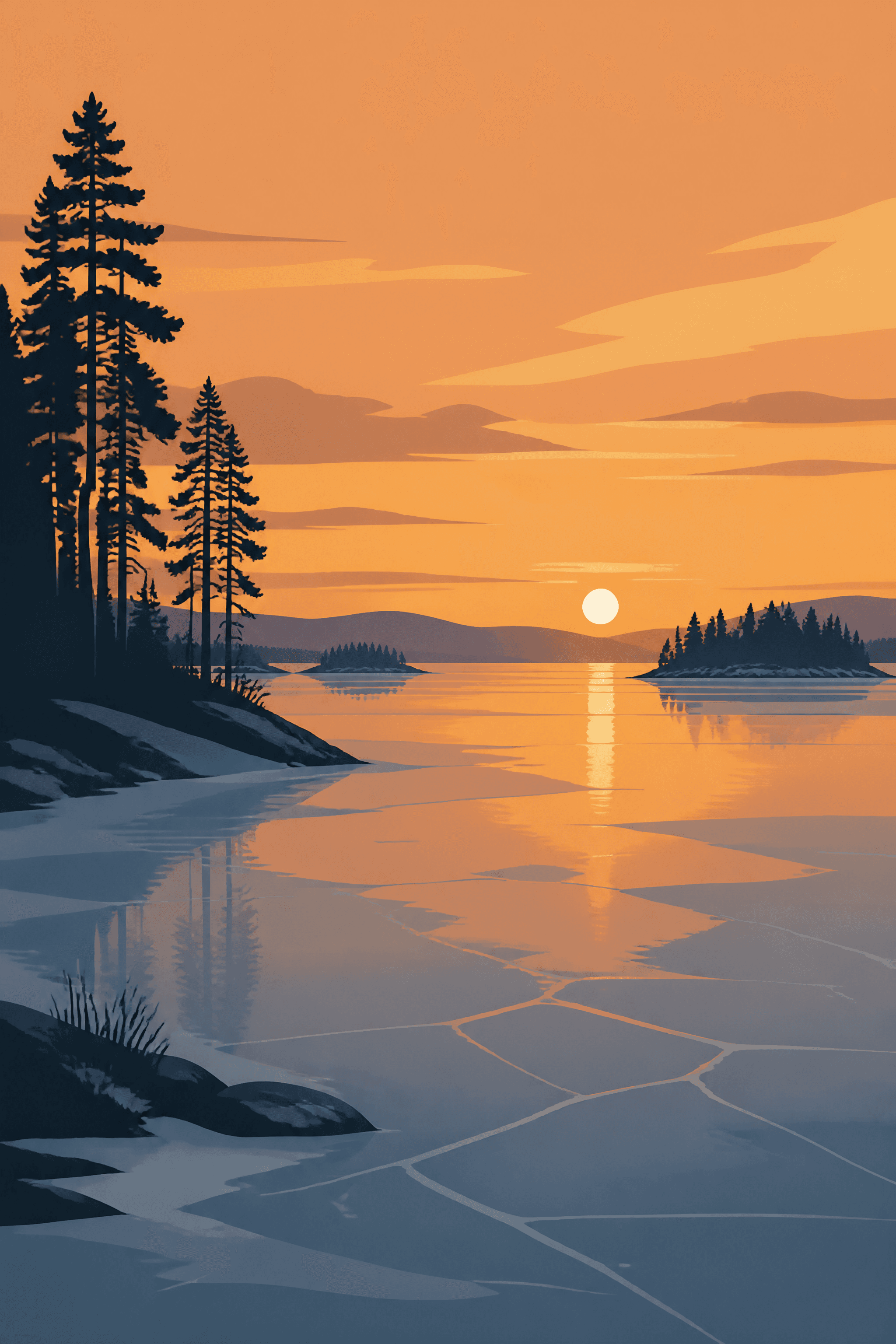 Affiche Lac Gelé au Crépuscule — ciel orange et silhouettes