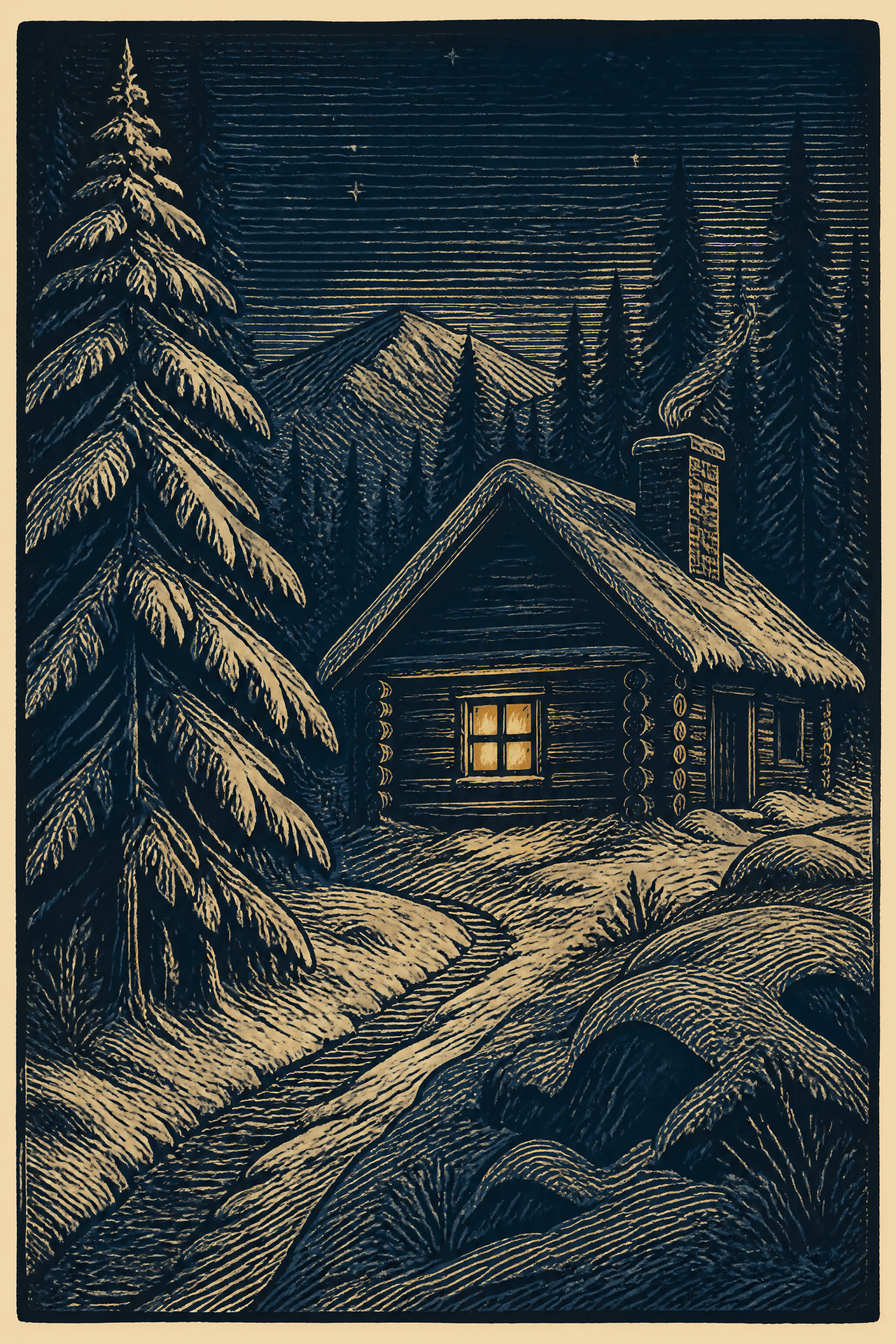 Affiche Cabane Nordique dans la Neige — lumière chaude à la fenêtre