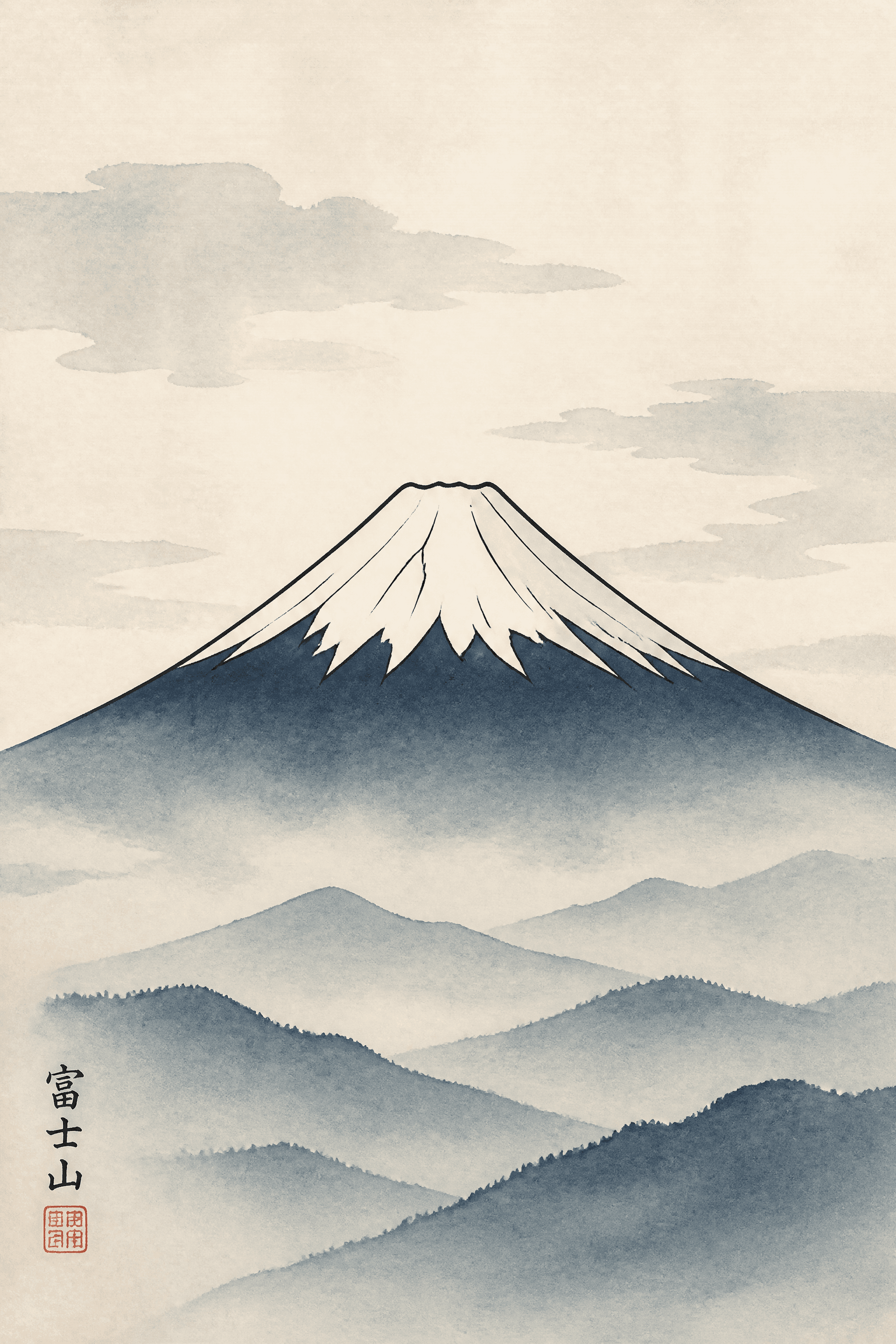 Affiche Mont Fuji Minimaliste — silhouette encre et lavis bleu