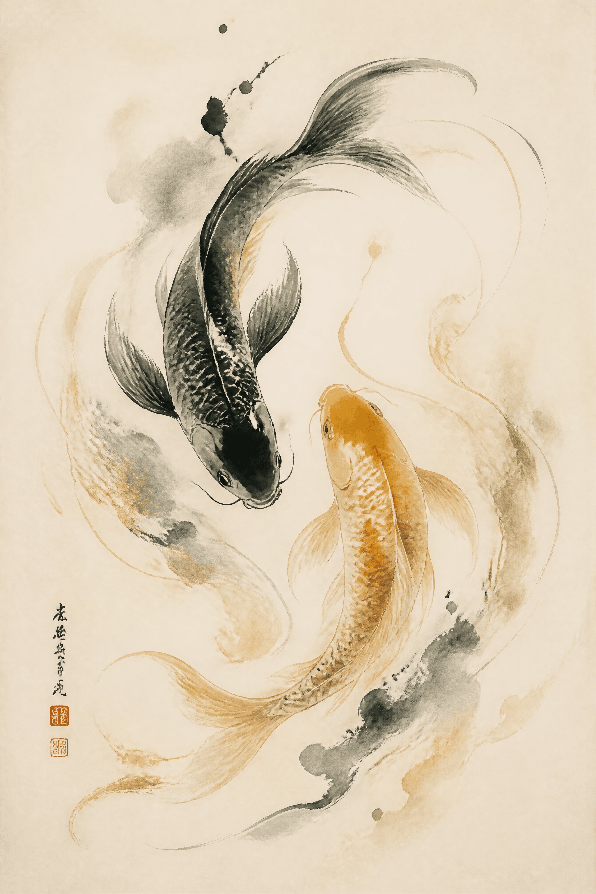 Affiche Carpes Koï — peinture à l'encre stylisée tradition japonaise