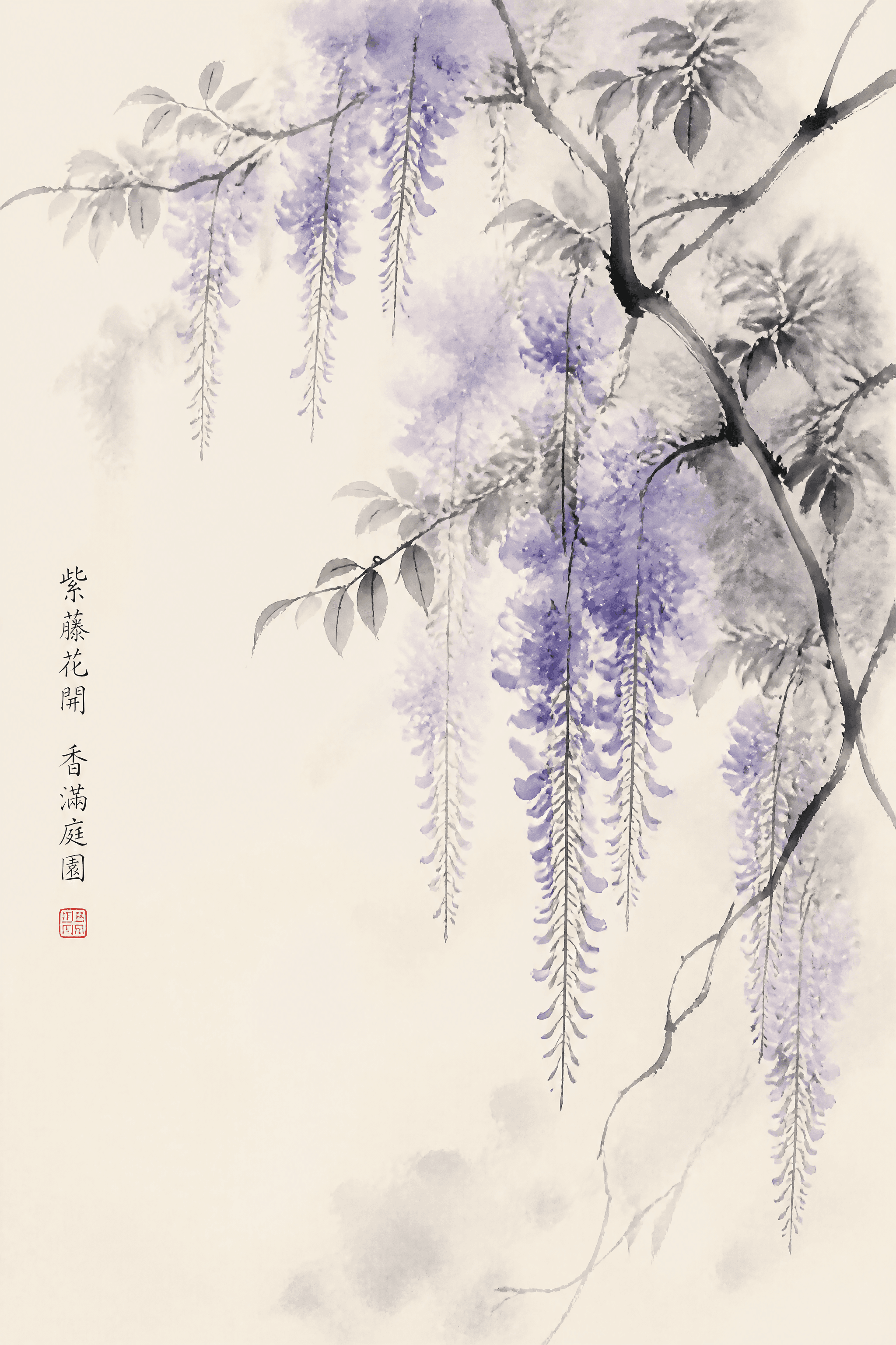 Affiche Glycine Japonaise — lavis d'encre et fleurs retombantes