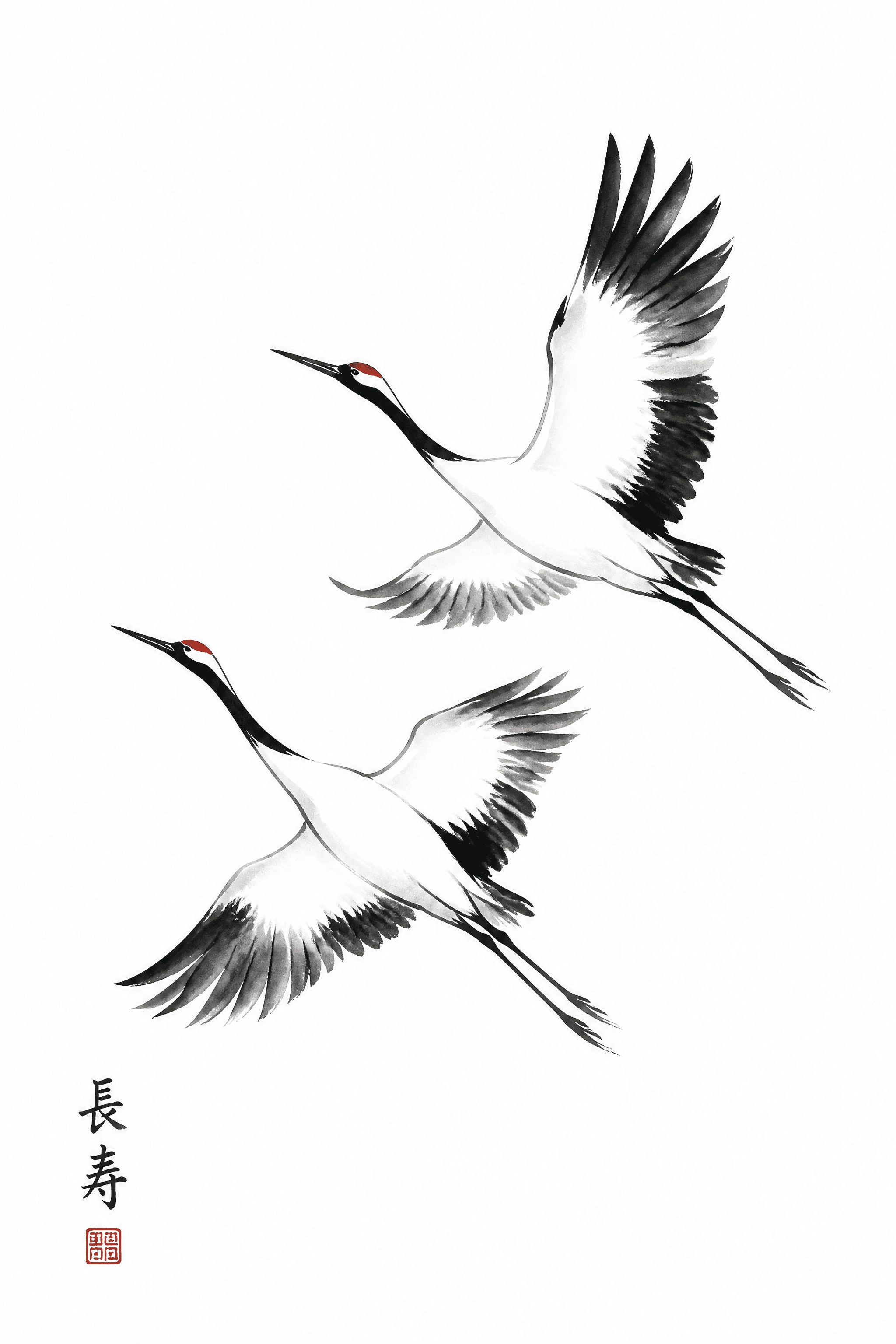 Affiche Grues en Vol — silhouettes minimalistes encre japonaise