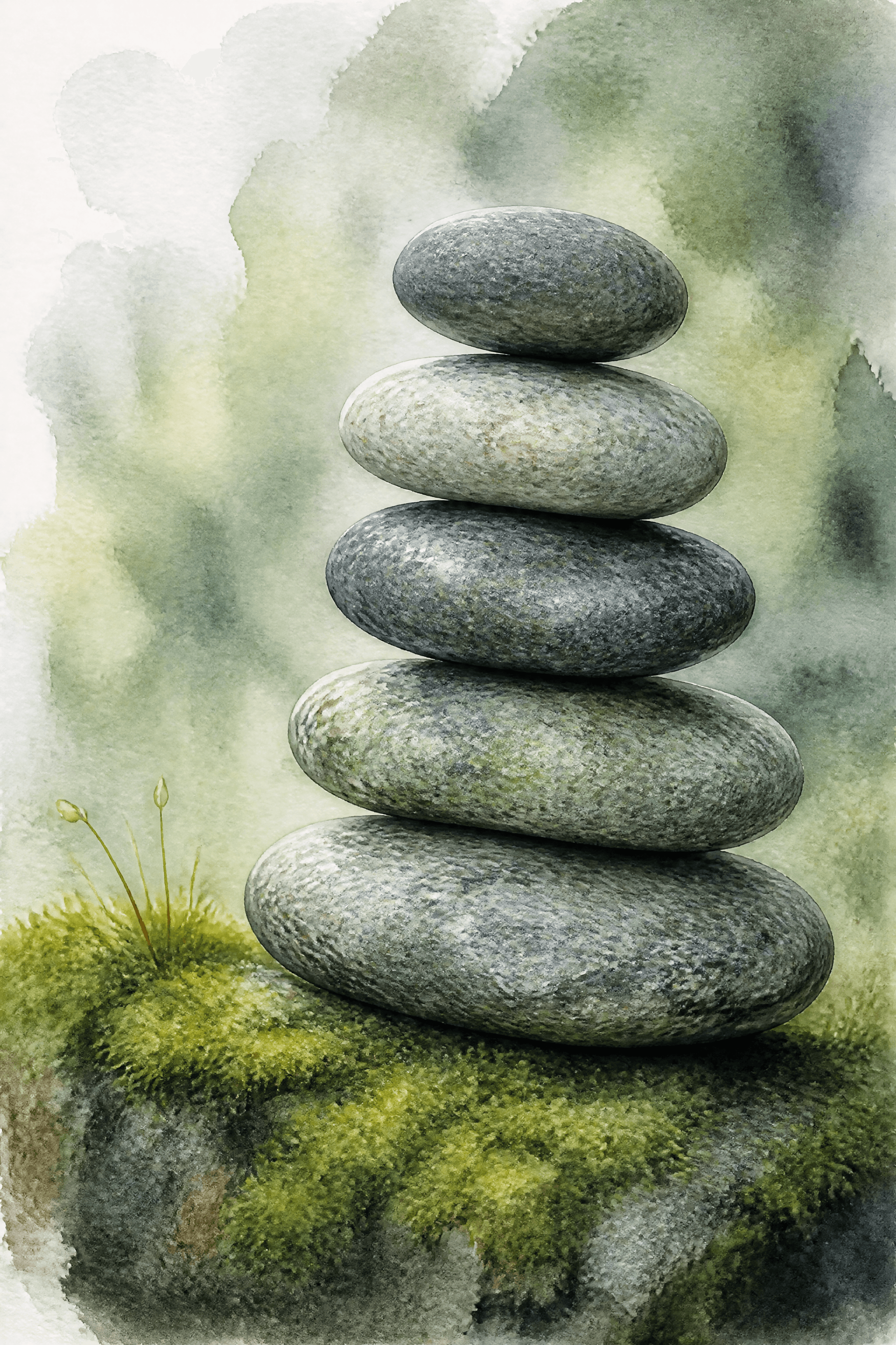 Affiche Galets Empilés — équilibre zen sur mousse naturelle