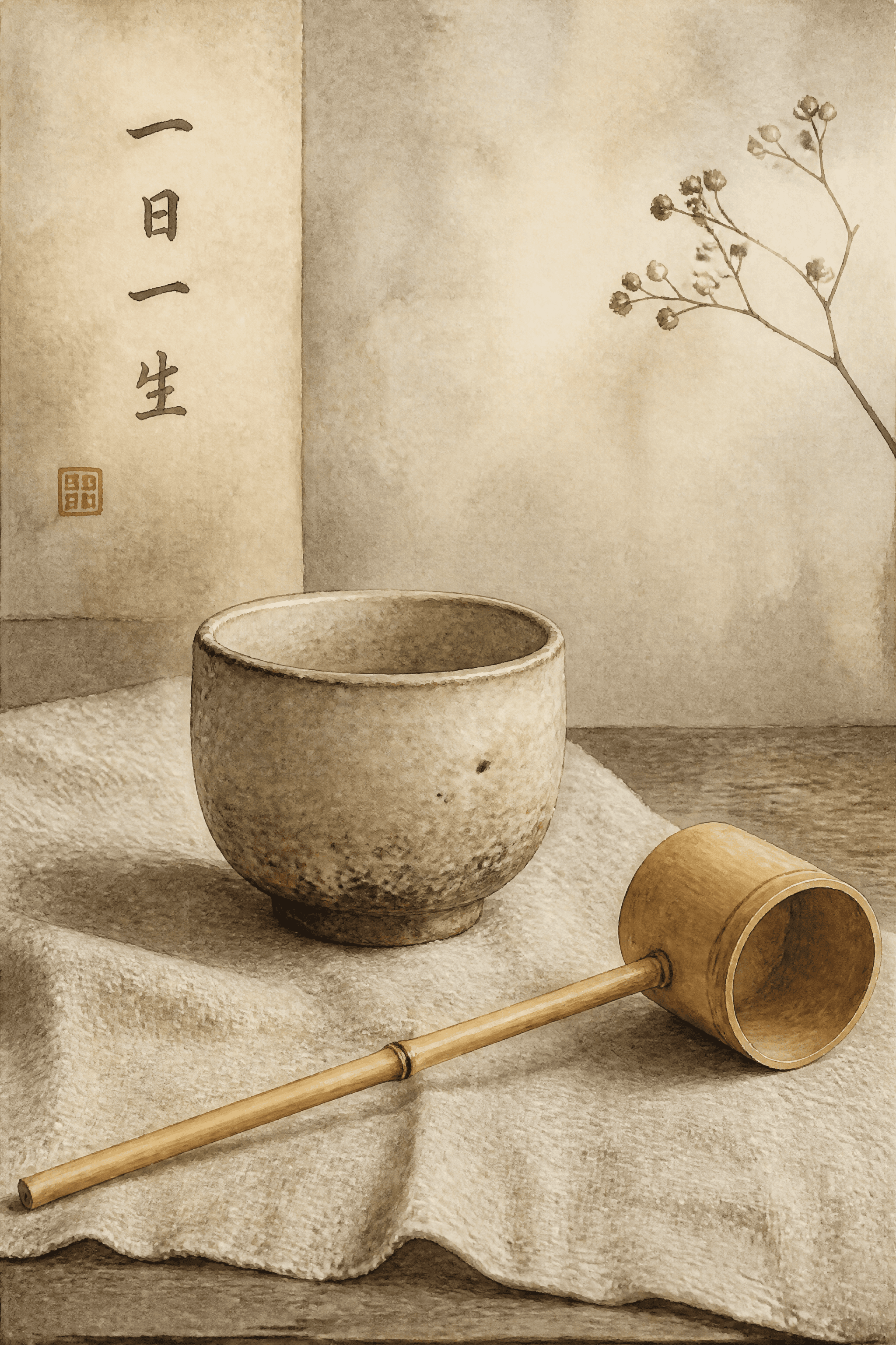 Affiche Bol Saké et Louche en Bambou — nature morte wabi-sabi