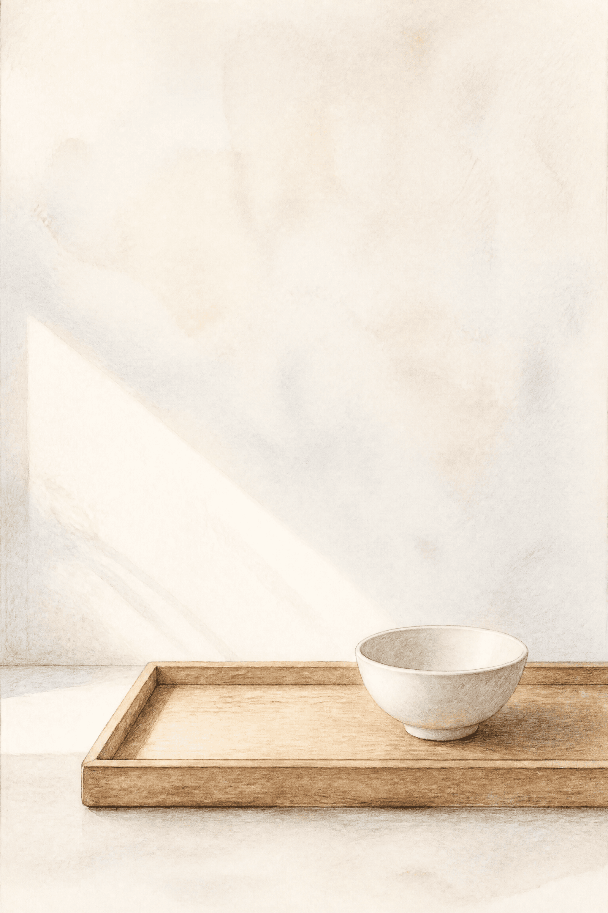 Affiche Plateau Bois et Bol Blanc — espace négatif zen maximal