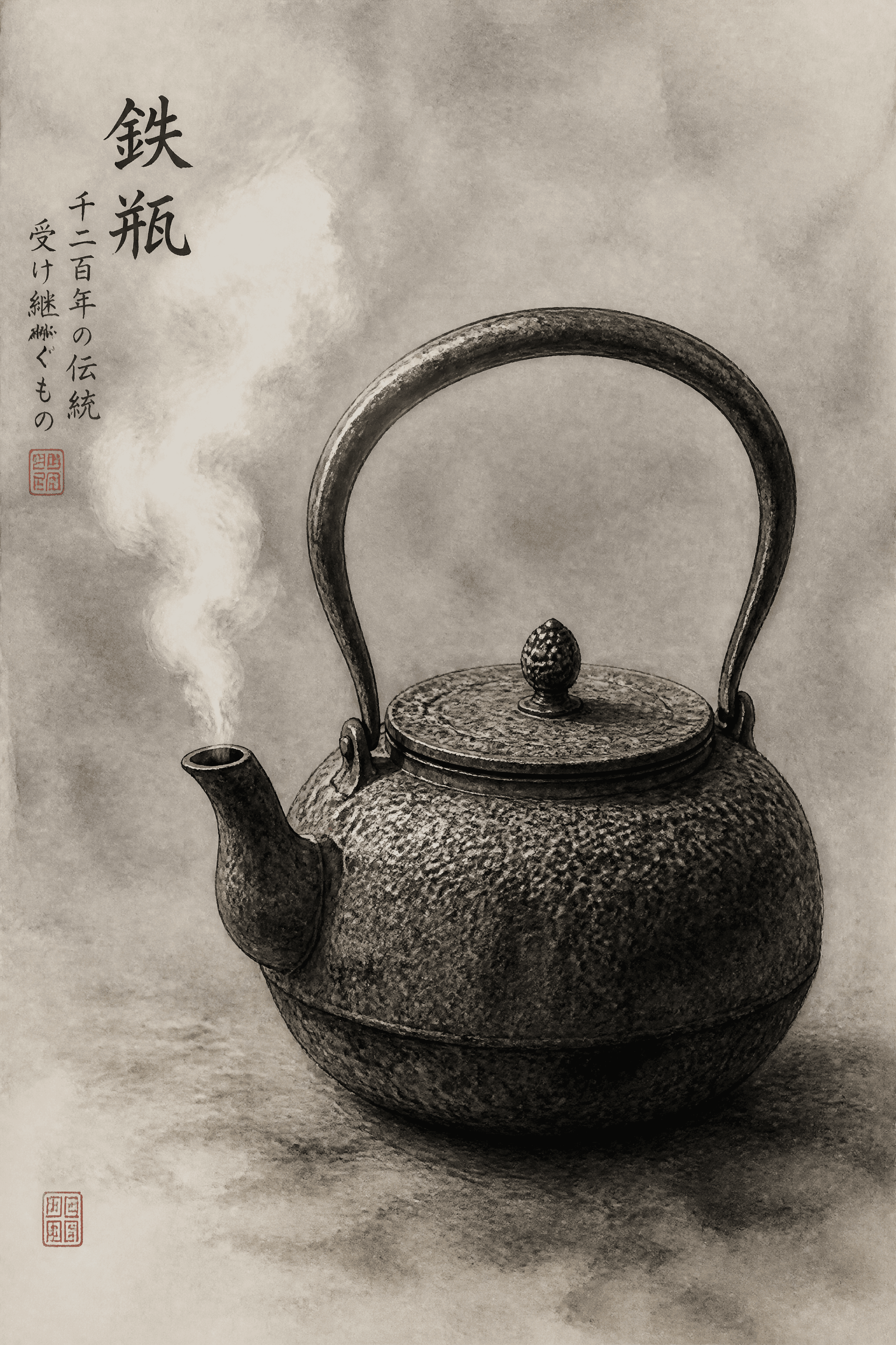 Affiche Théière Tetsubin — fonte japonaise et vapeur d'encre