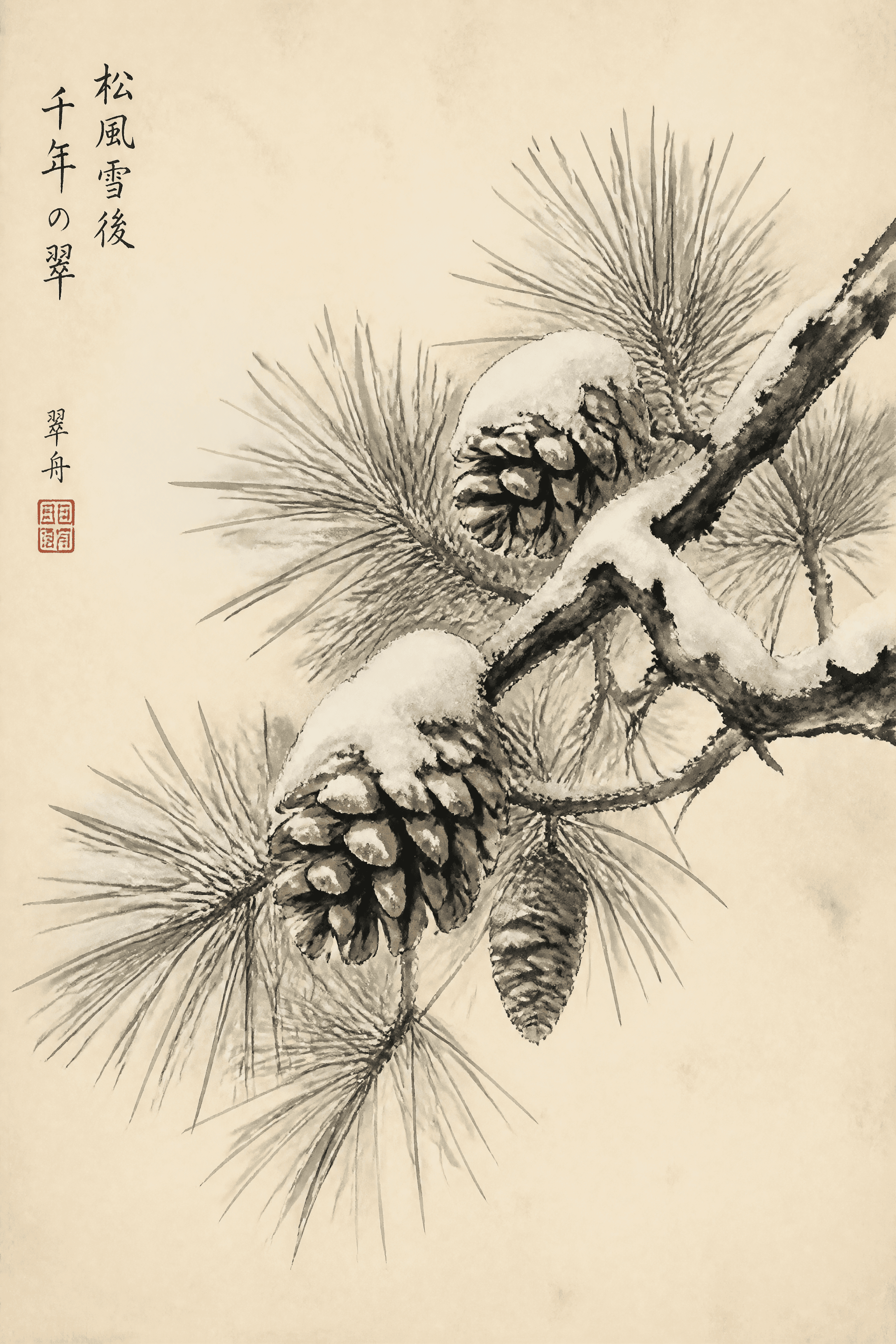 Affiche Branche de Pin Enneigée — botanique d'hiver Nihonga