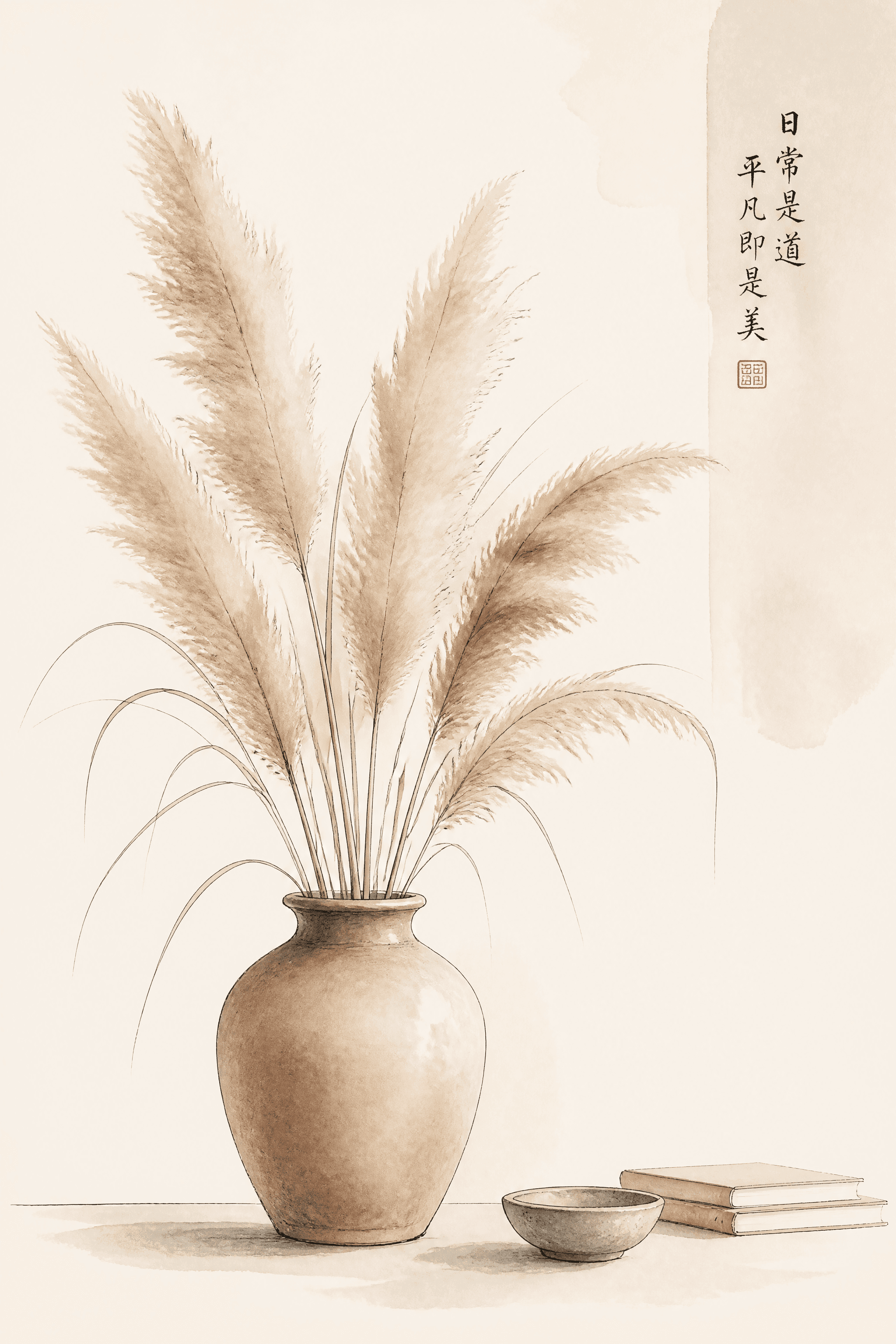 Affiche Herbe de la Pampa Japandi — esquisse encre et lavis argile