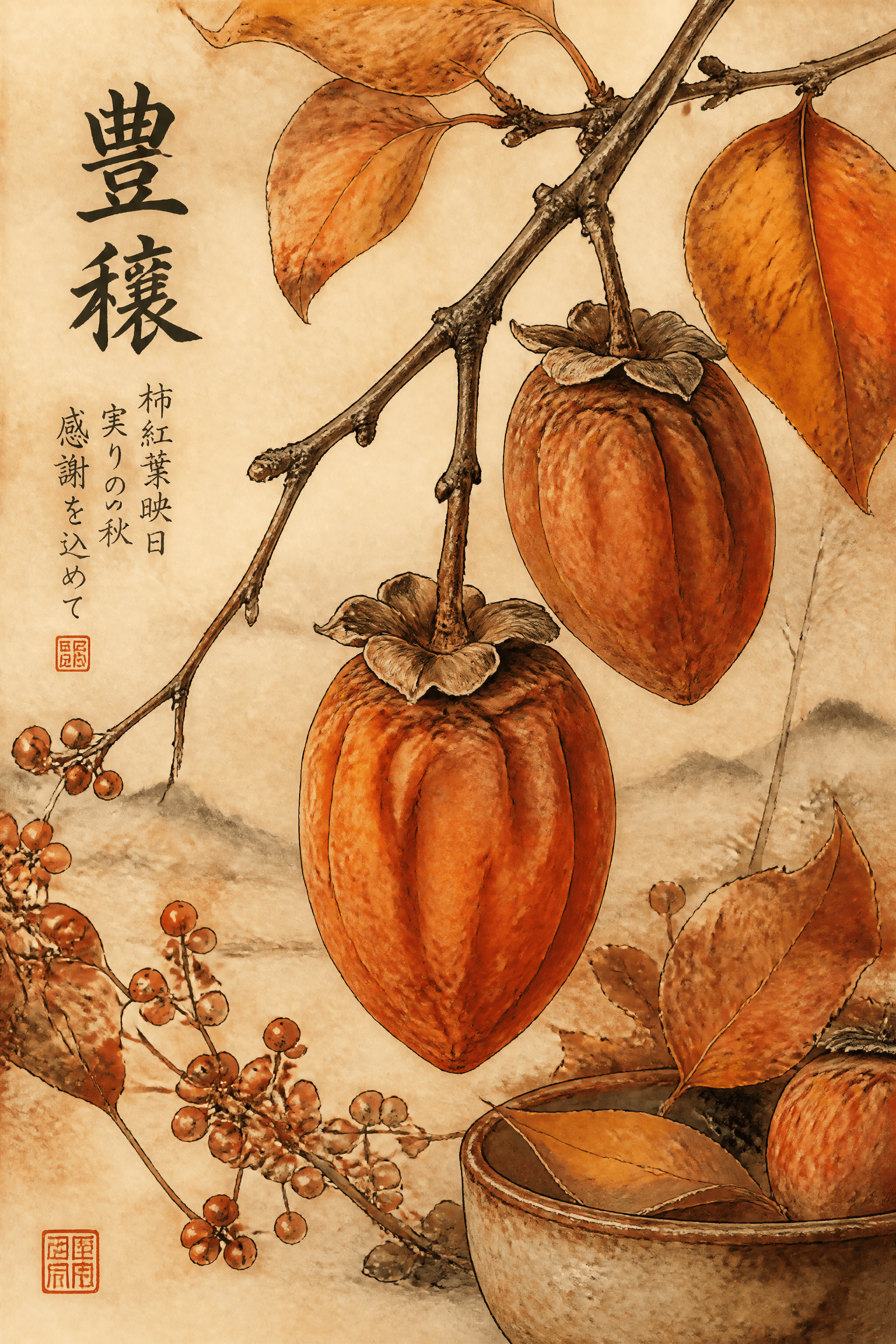 Affiche Kaki sur Branche — nature morte d'automne japonaise