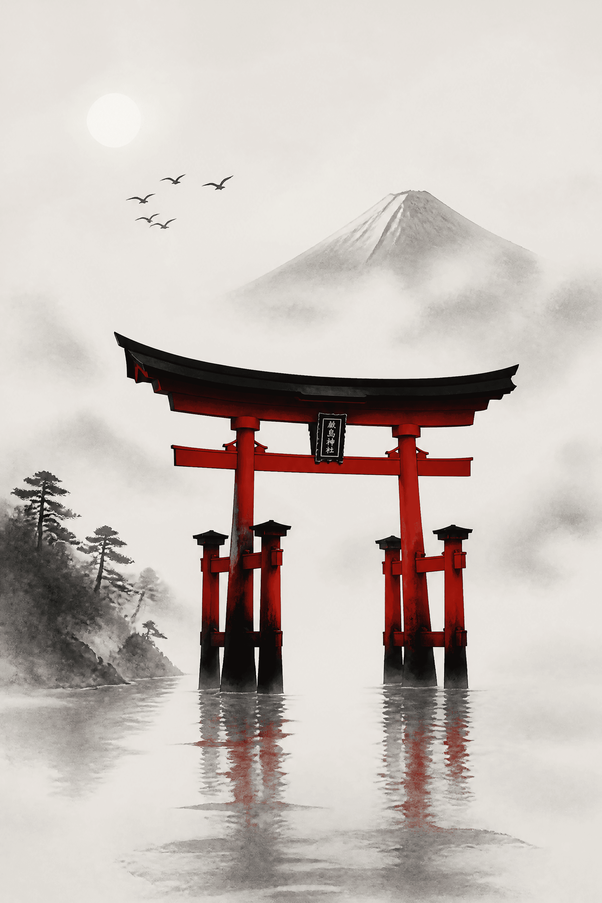 Affiche Torii dans la Brume — silhouette iconique rouge et anthracite